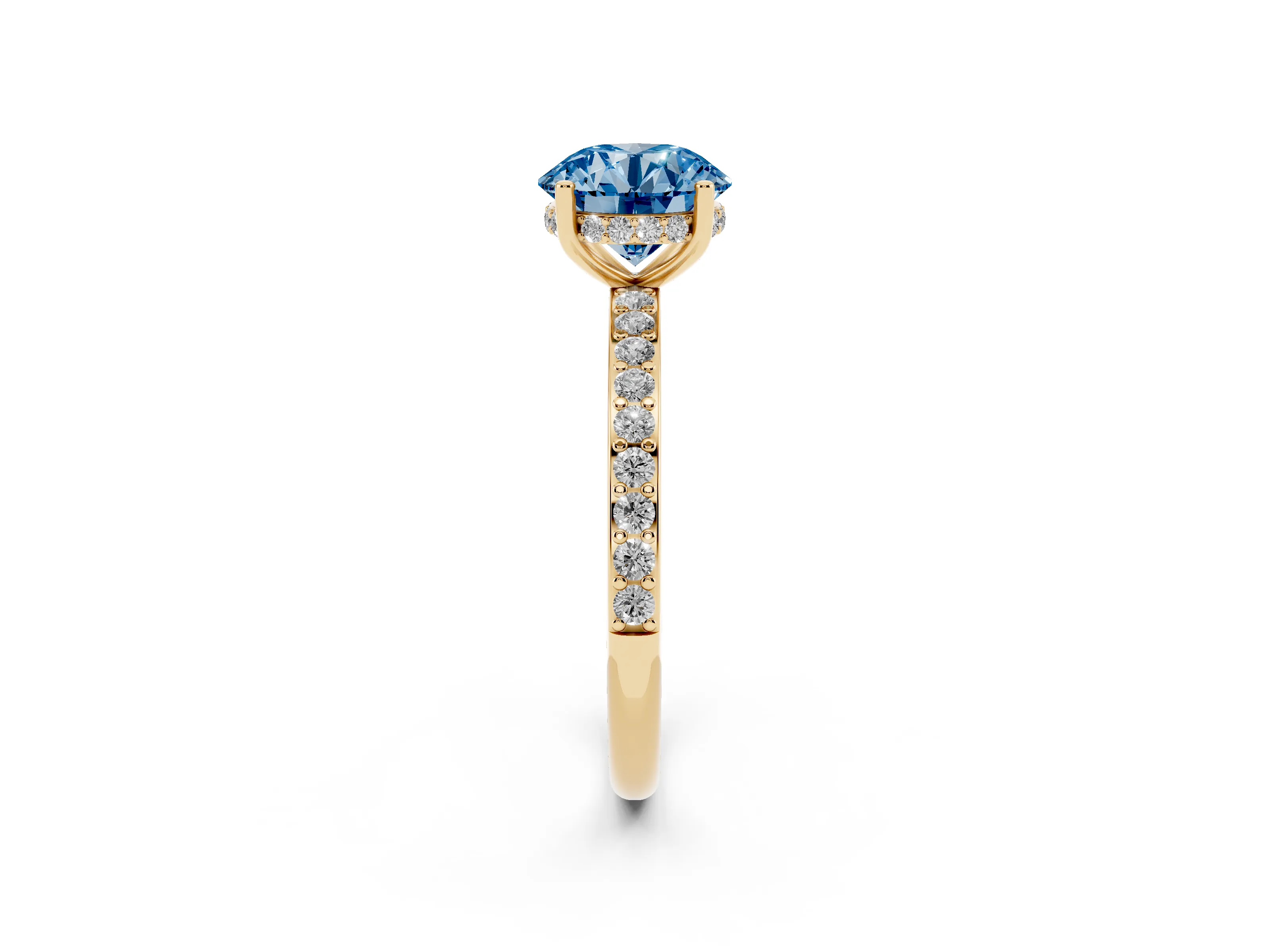 Fancy Blue Round Cut Diamond Pavé Band Ring Set in Yellow gold with Prong-Set Center Stone