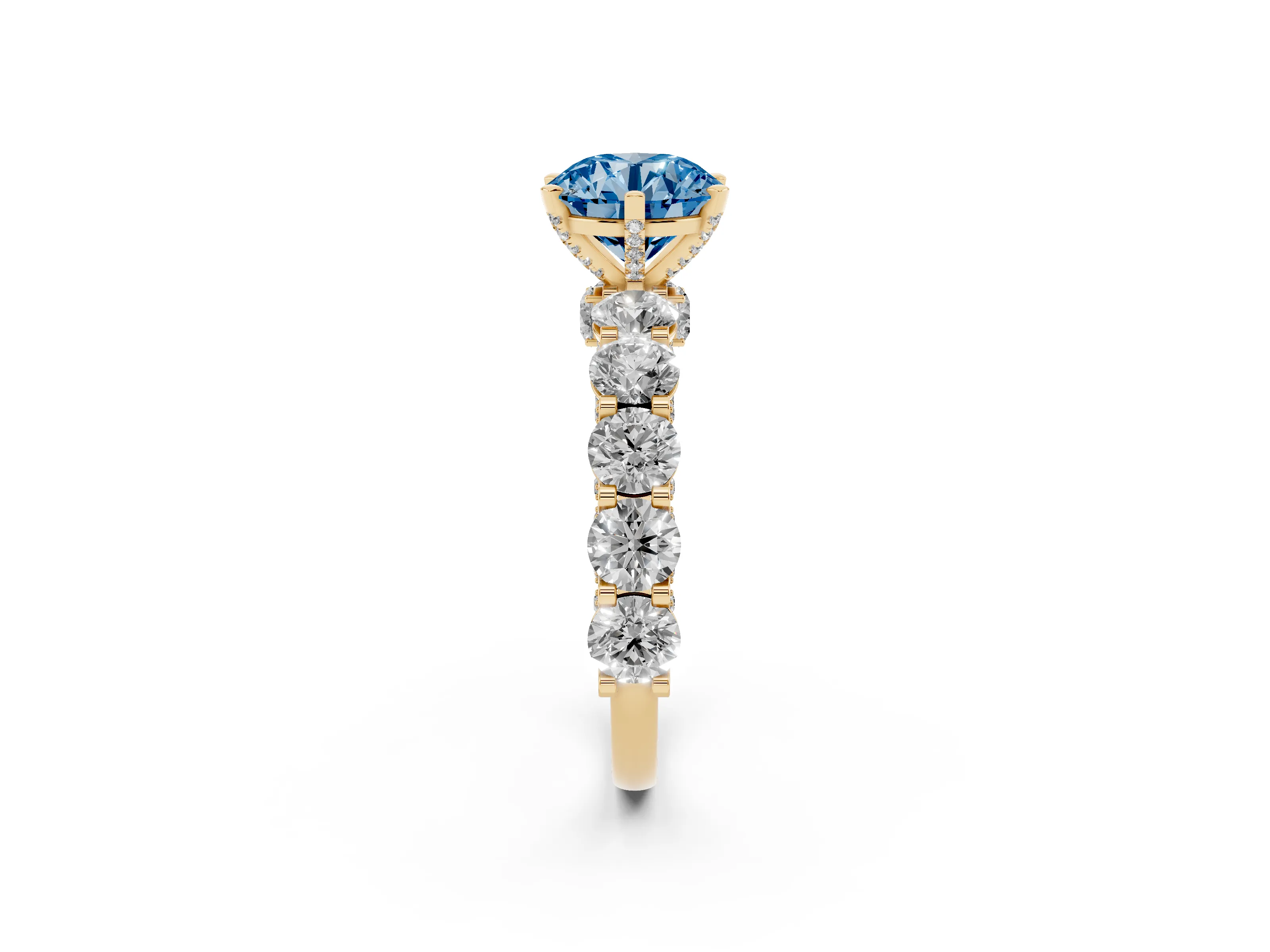 Fancy Blue Round Cut Diamond Side Stone Ring Set in Yellow gold with Alternating Round and Oval Side Stones