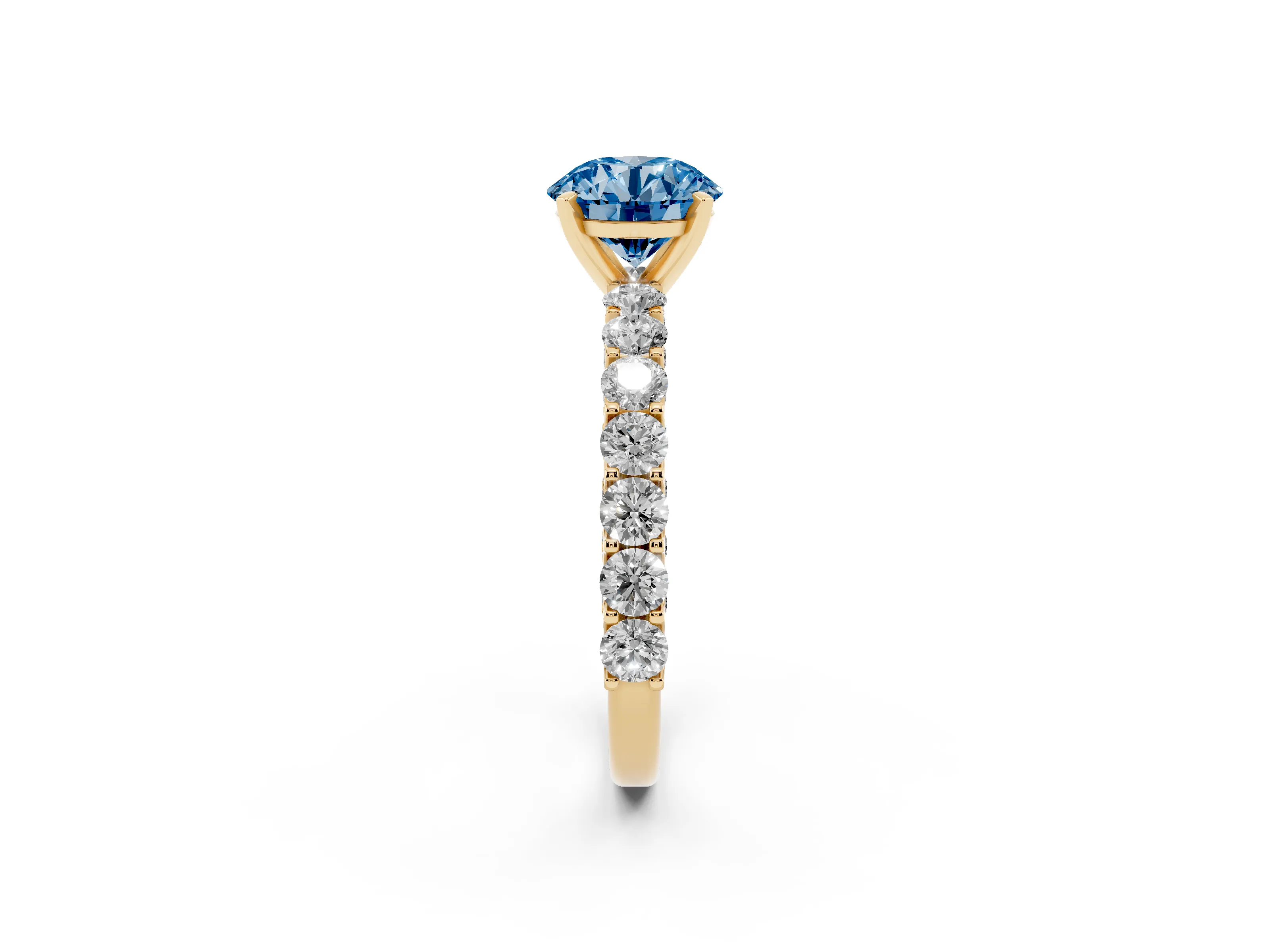 Fancy Blue Round Cut Diamond Solitaire Ring Set in Yellow gold with Shared Prong Pavé Band