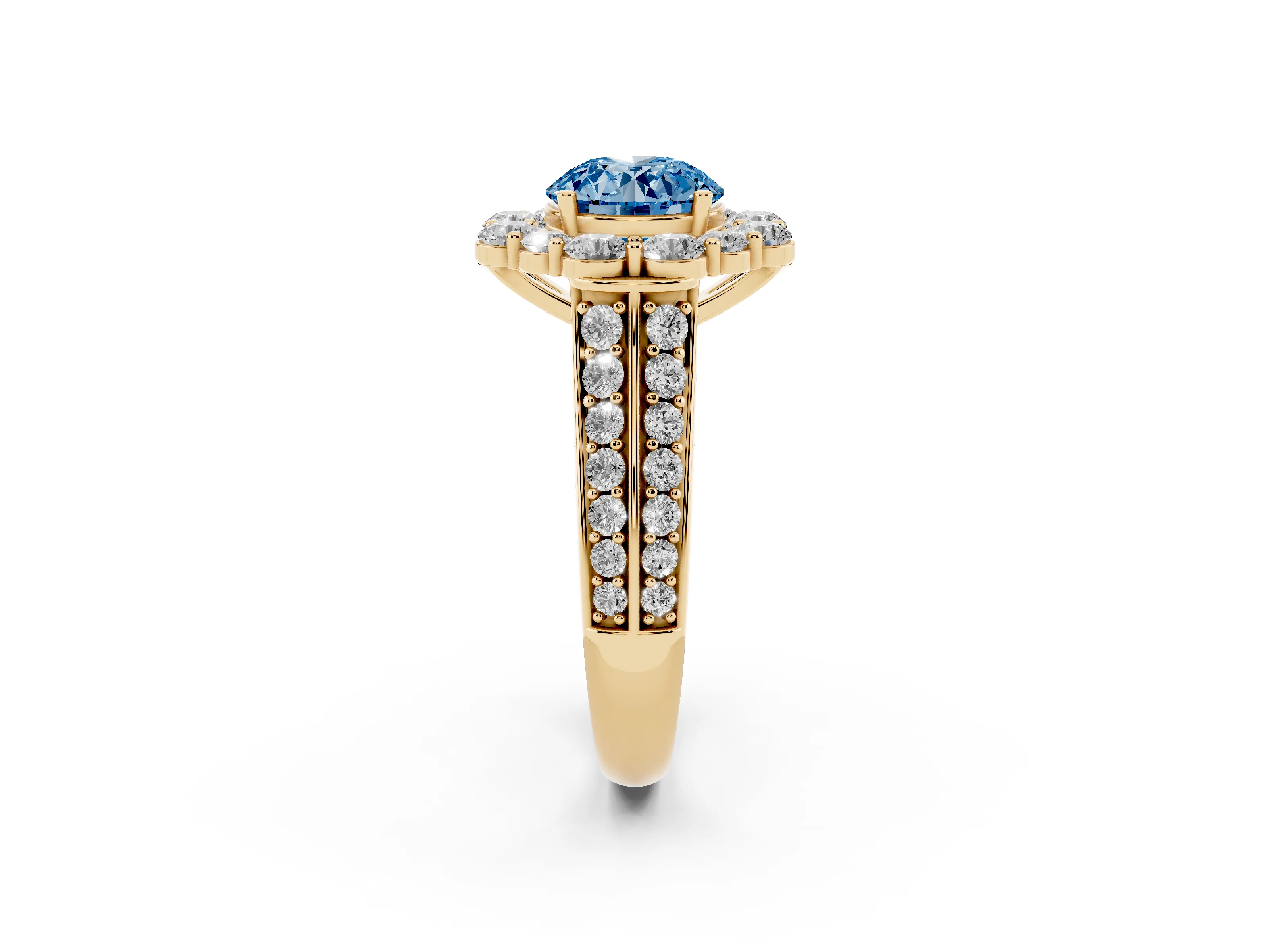 Fancy Blue Round Cut Diamond Halo Engagement Ring Set in Yellow gold with Split Shank and Prong Setting
