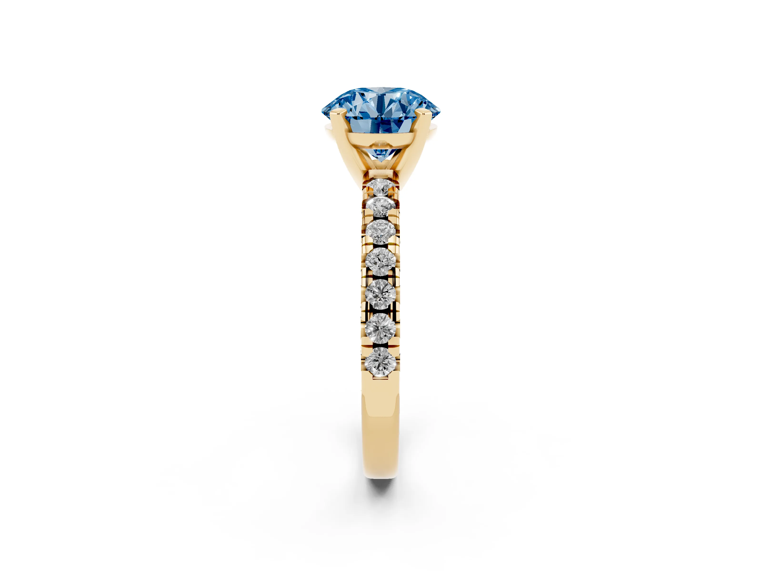 Fancy Blue Round Cut Diamond Solitaire Pavé Engagement Ring Set in Yellow gold with Round Band and Prong Setting