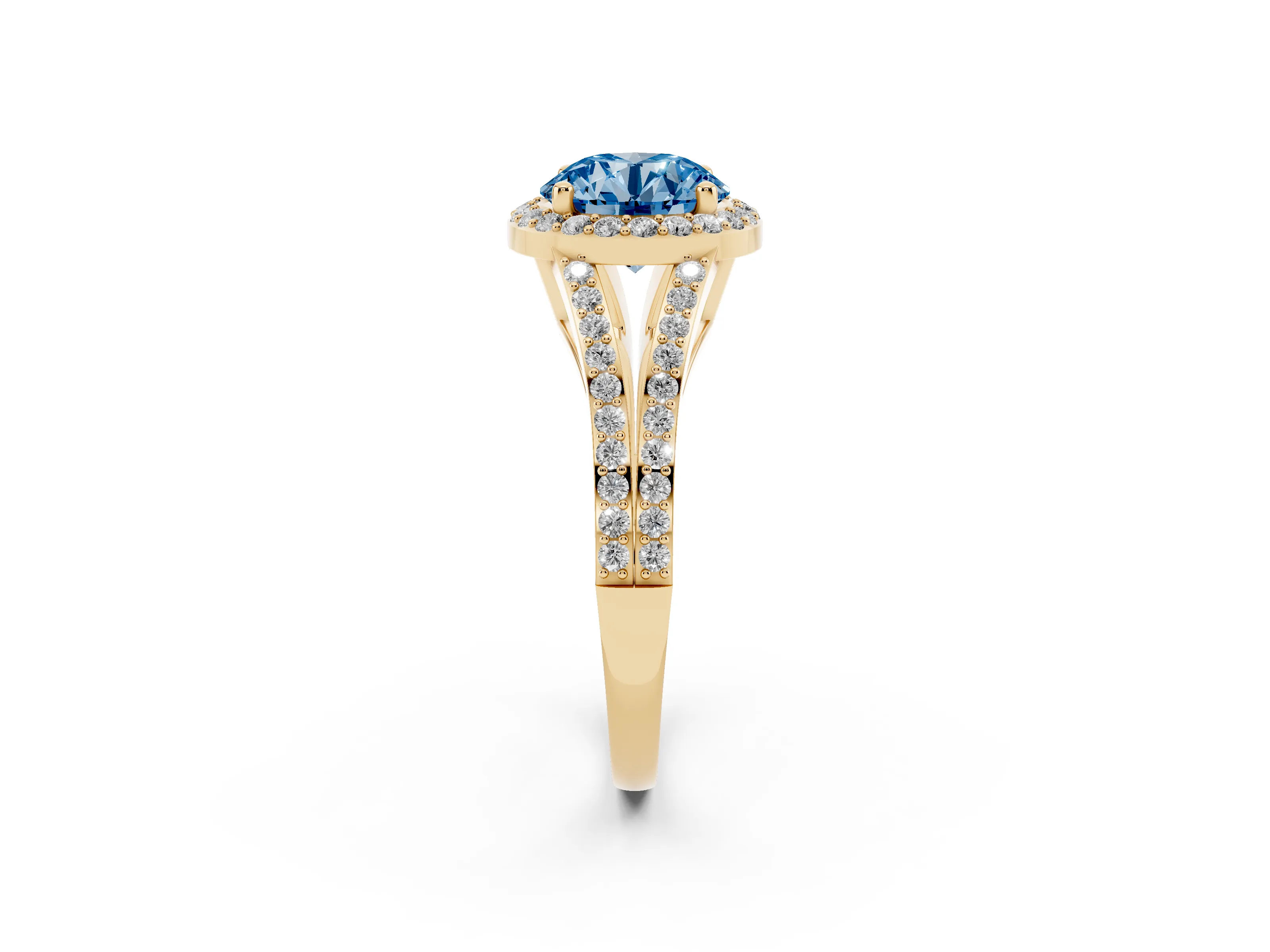 Fancy Blue Round Cut Diamond Halo Split Shank Pavé Ring Set in Yellow gold with Prong Setting