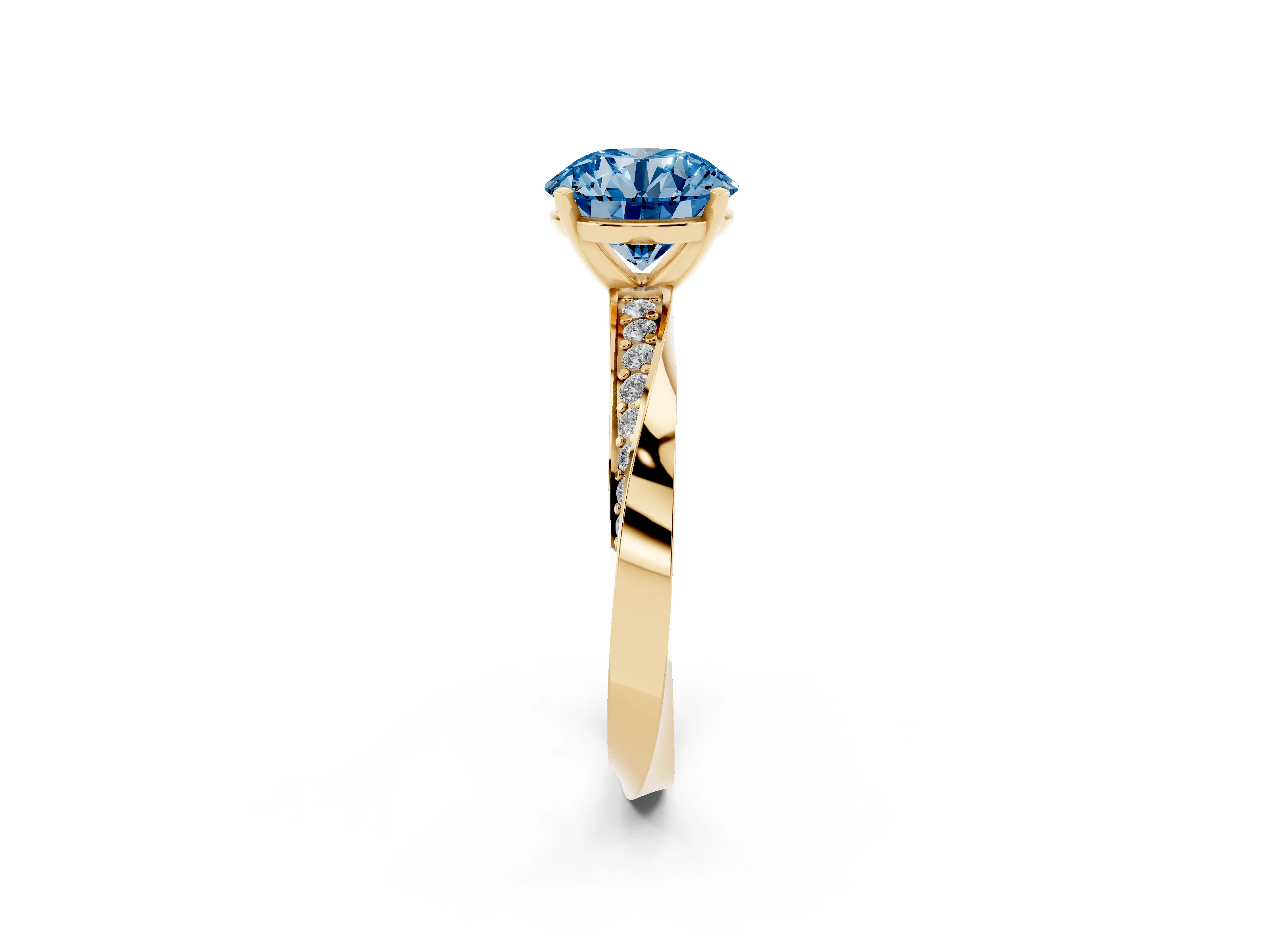 Fancy Blue Round Cut Diamond Engagement Ring Set in Yellow gold with Side Stone Accents and Prong Setting