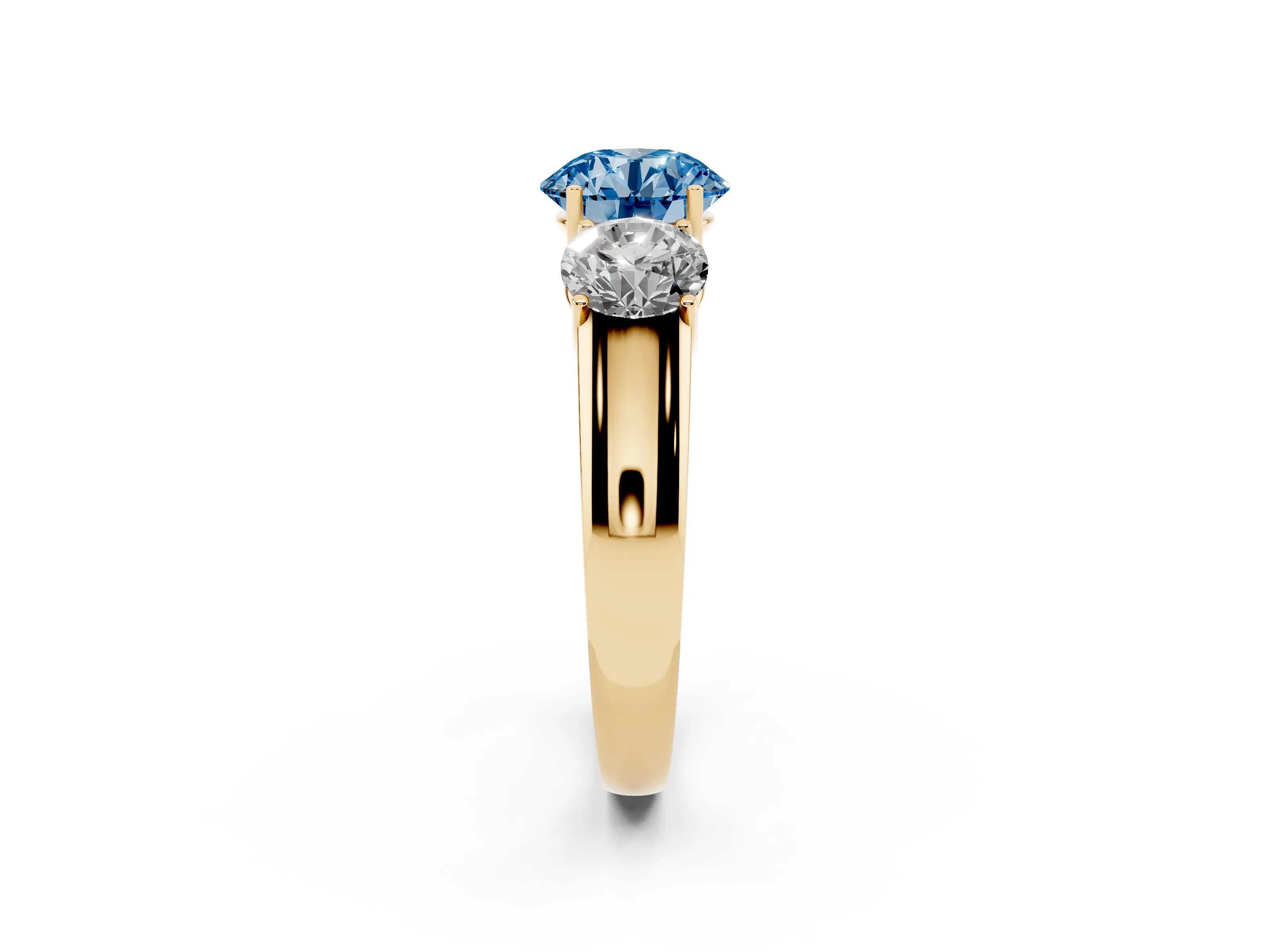 Fancy Blue Three-Stone Round Cut Diamond Ring Set in Yellow gold with Matching Prong Settings and Plain Band