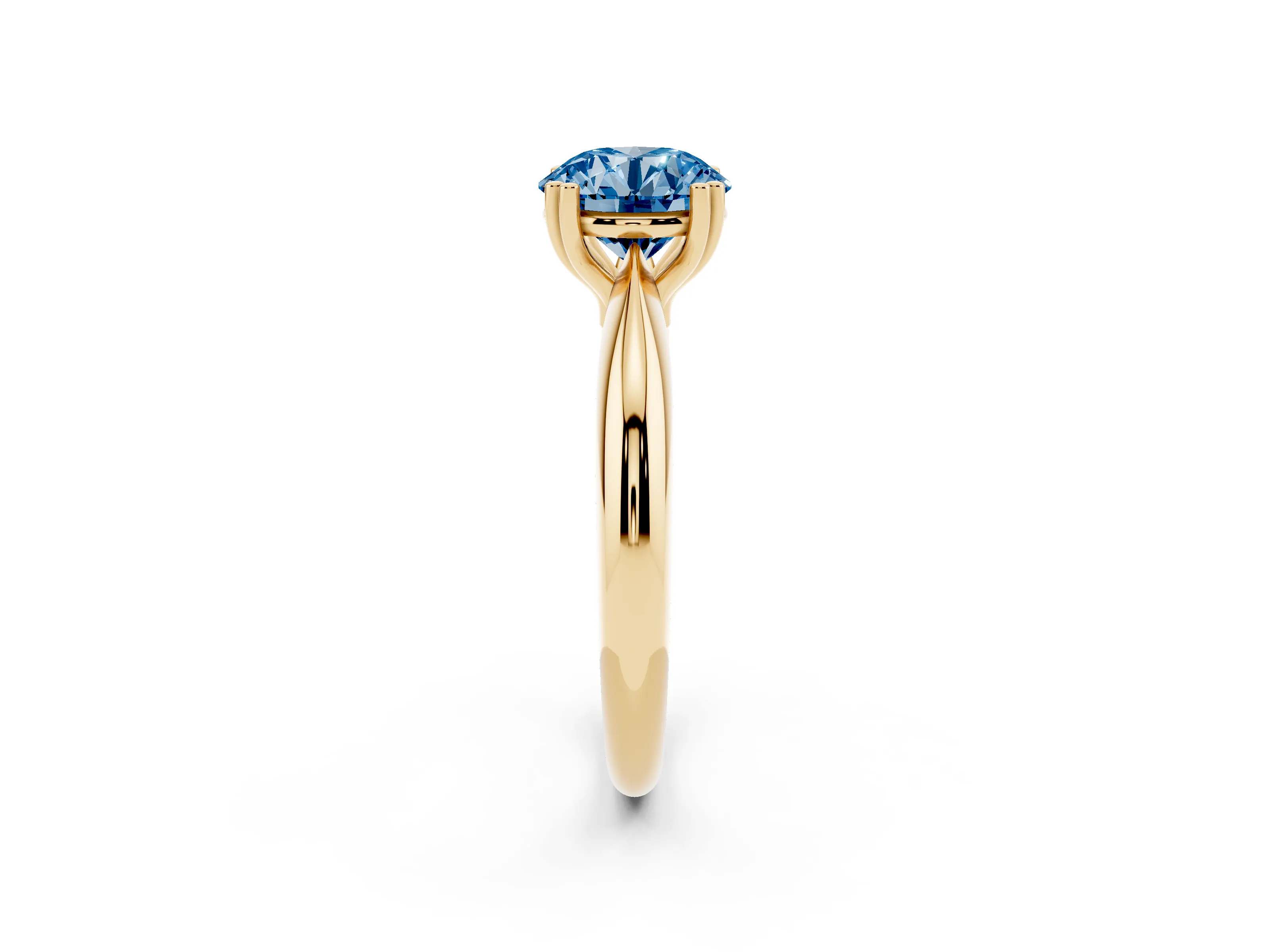 Fancy Blue Round Cut Diamond Solitaire Engagement Ring Set in Yellow gold with Tapered Band and Prong Setting