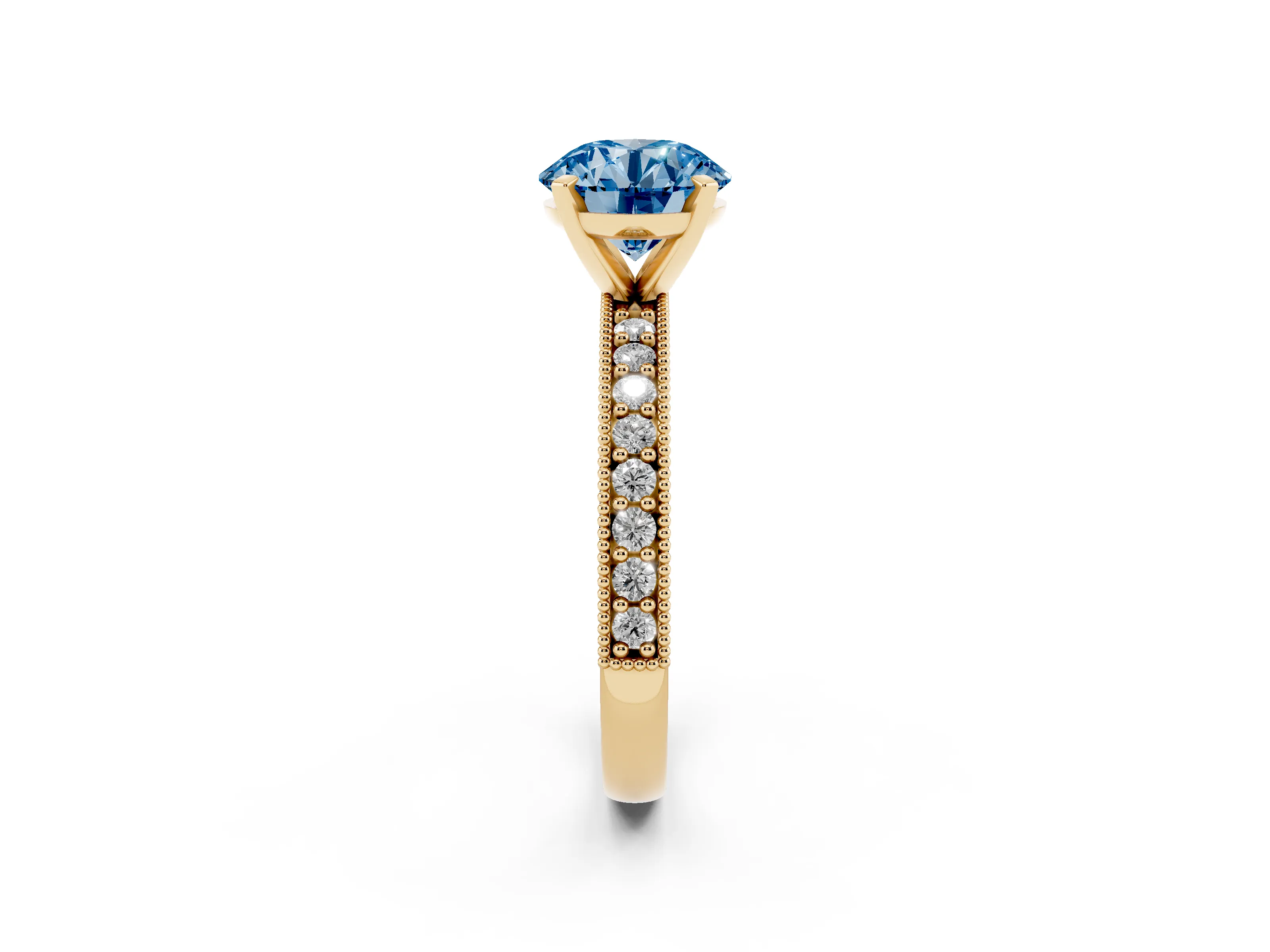 Fancy Blue Round Cut Diamond Milgrain Pavé Engagement Ring Set in Yellow gold with Prong Setting