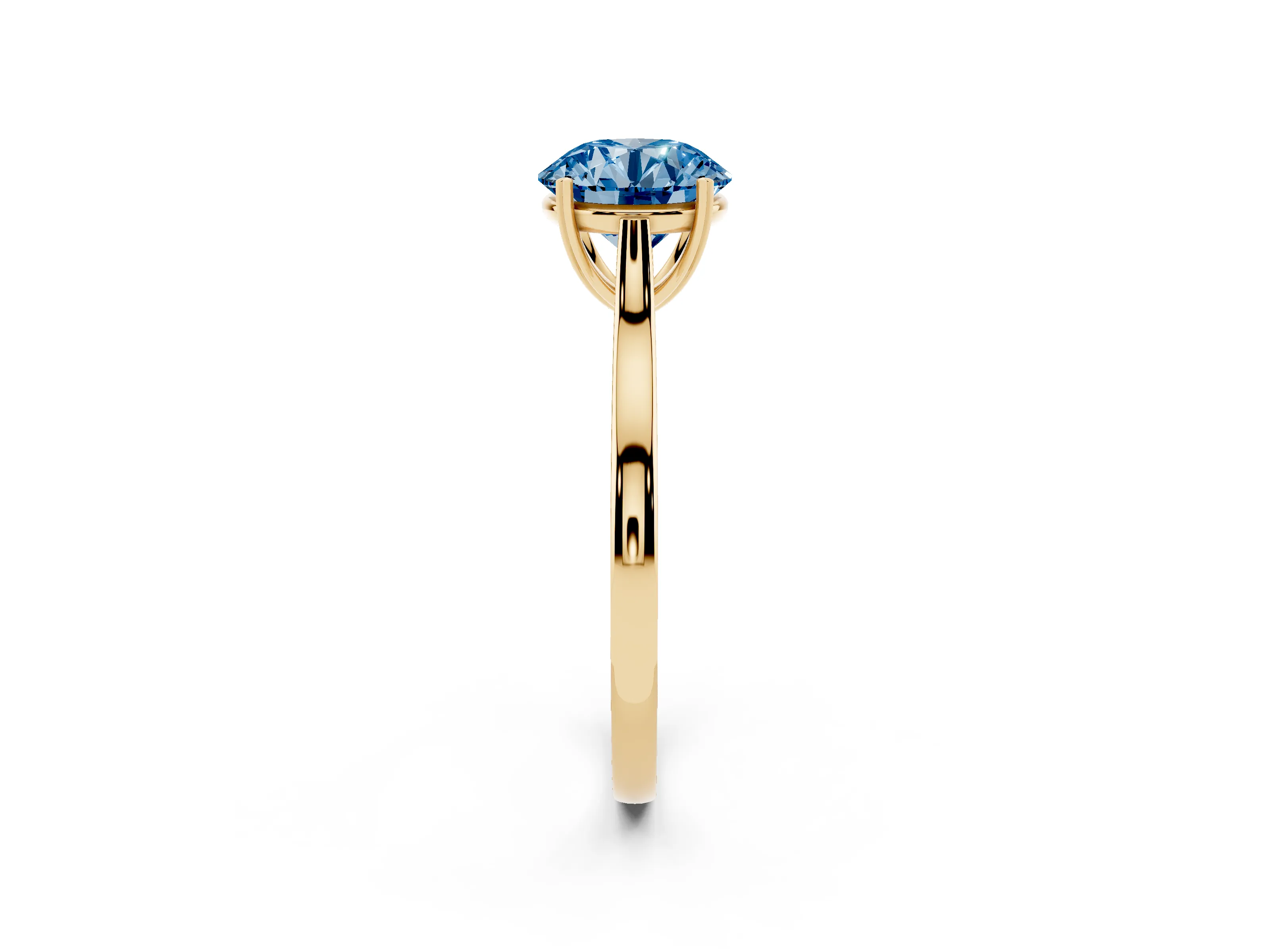 Fancy Blue Round Cut Diamond Solitaire Heart Prong Engagement Ring Set in Yellow gold with Tapered Band