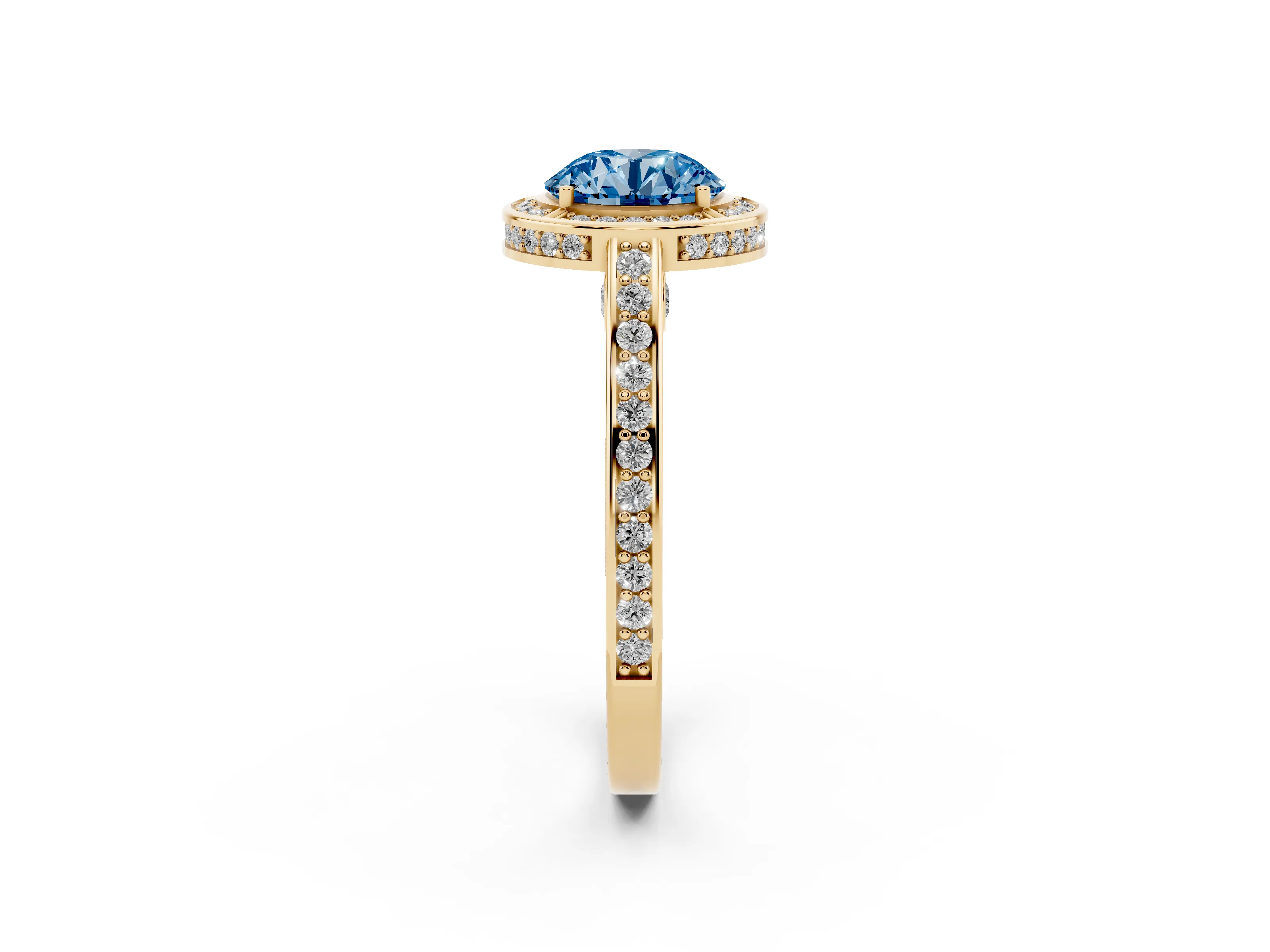 Fancy Blue Round Cut Diamond Halo Pavé Split Shank Ring Set in Yellow gold with Prong Setting