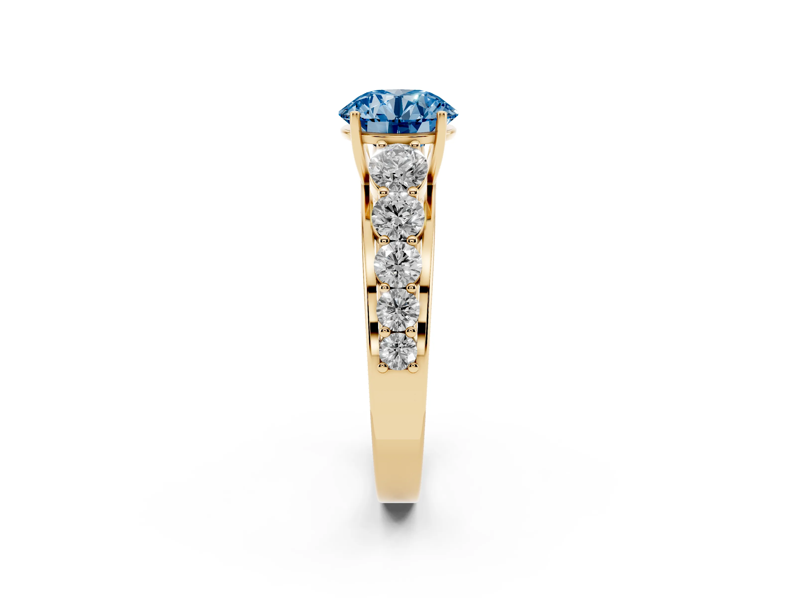 Fancy Blue Round Cut Diamond Solitaire Ring Set in Yellow gold with Pavé-Set Band and Prong Setting