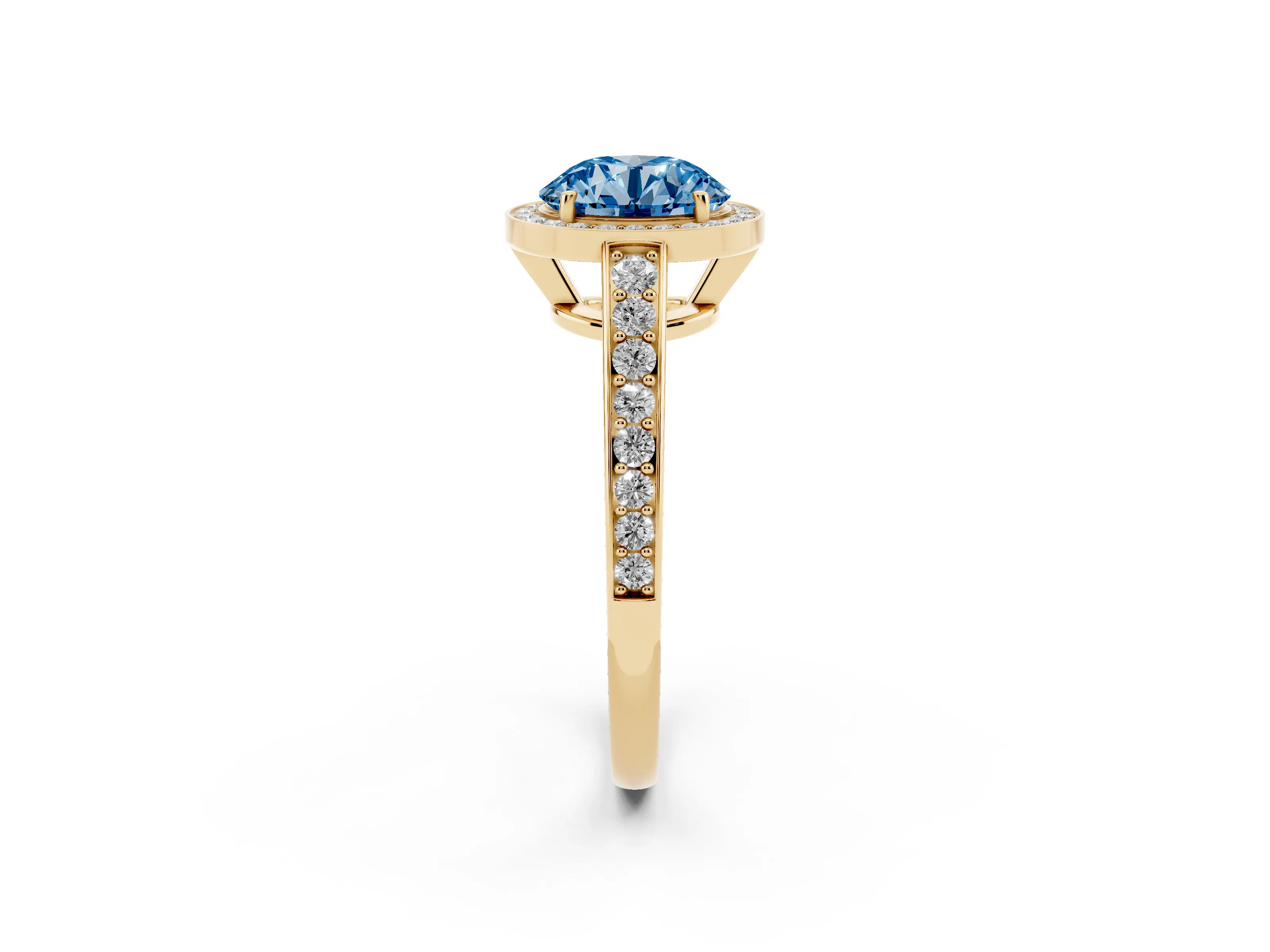 Fancy Blue Round Cut Diamond Halo Pavé Engagement Ring Set in Yellow gold with Bezel Setting