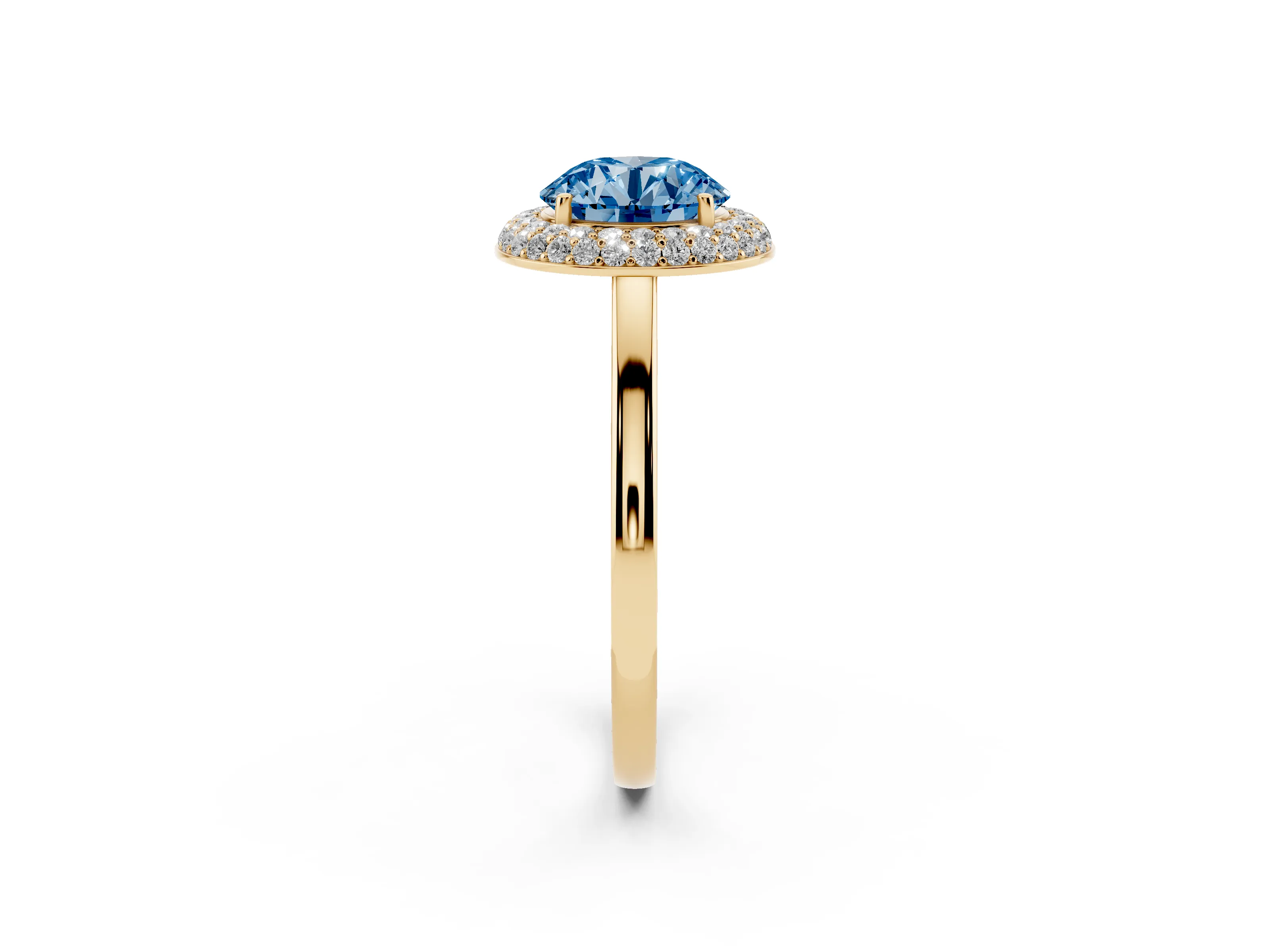 Fancy Blue Round Cut Diamond Halo Engagement Ring Set in Yellow gold with Solitaire Band and Prong Setting
