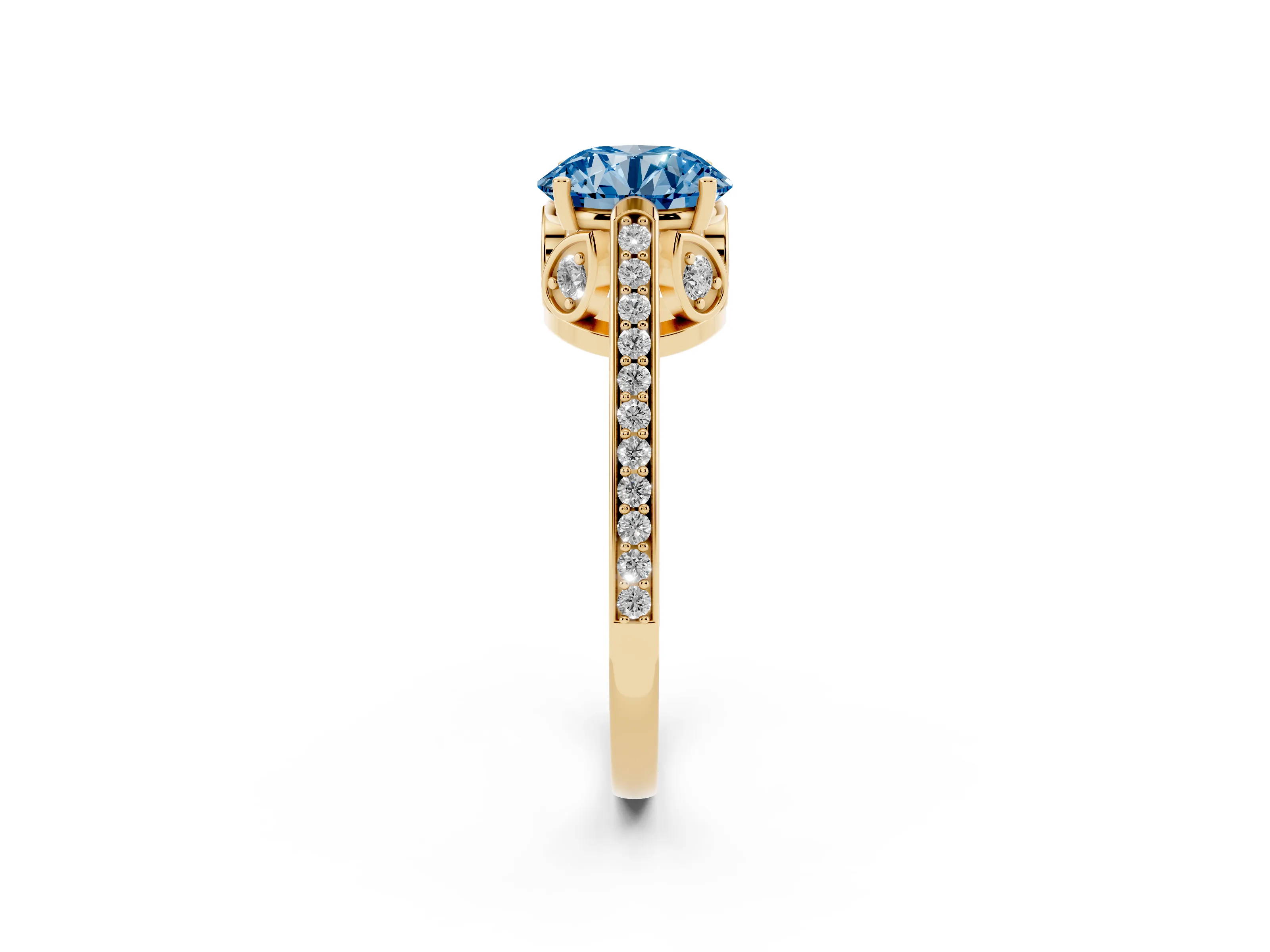 Fancy Blue Round Cut Diamond Cathedral Pavé Engagement Ring Set in Yellow gold with Prong Setting