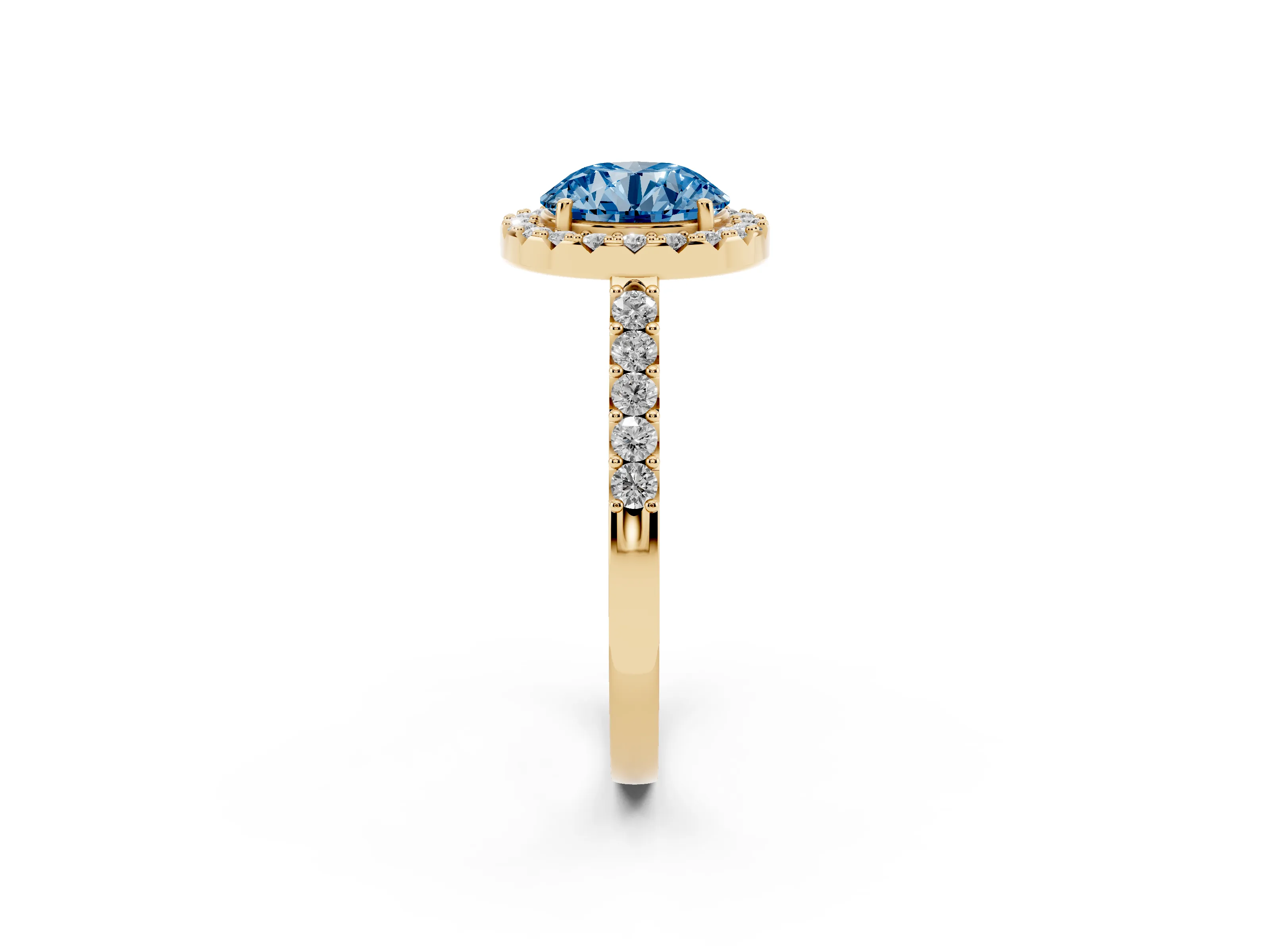 Fancy Blue Round Cut Diamond Halo Pavé Solitaire Ring Set in Yellow gold with Prong-Set Center Stone