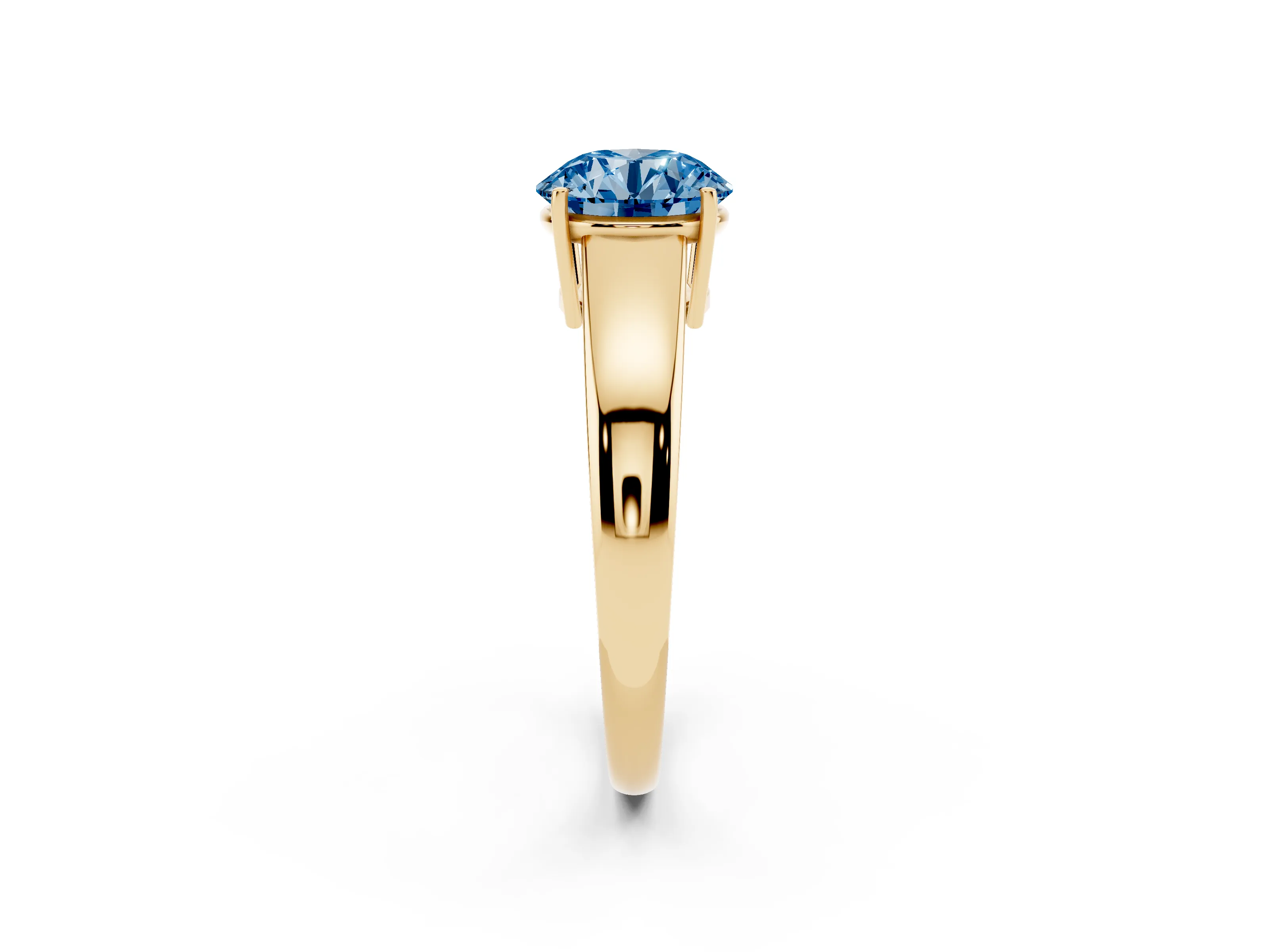 Fancy Blue Round Cut Diamond Solitaire Ring Set in Yellow gold with Tapered Band and Prong Setting
