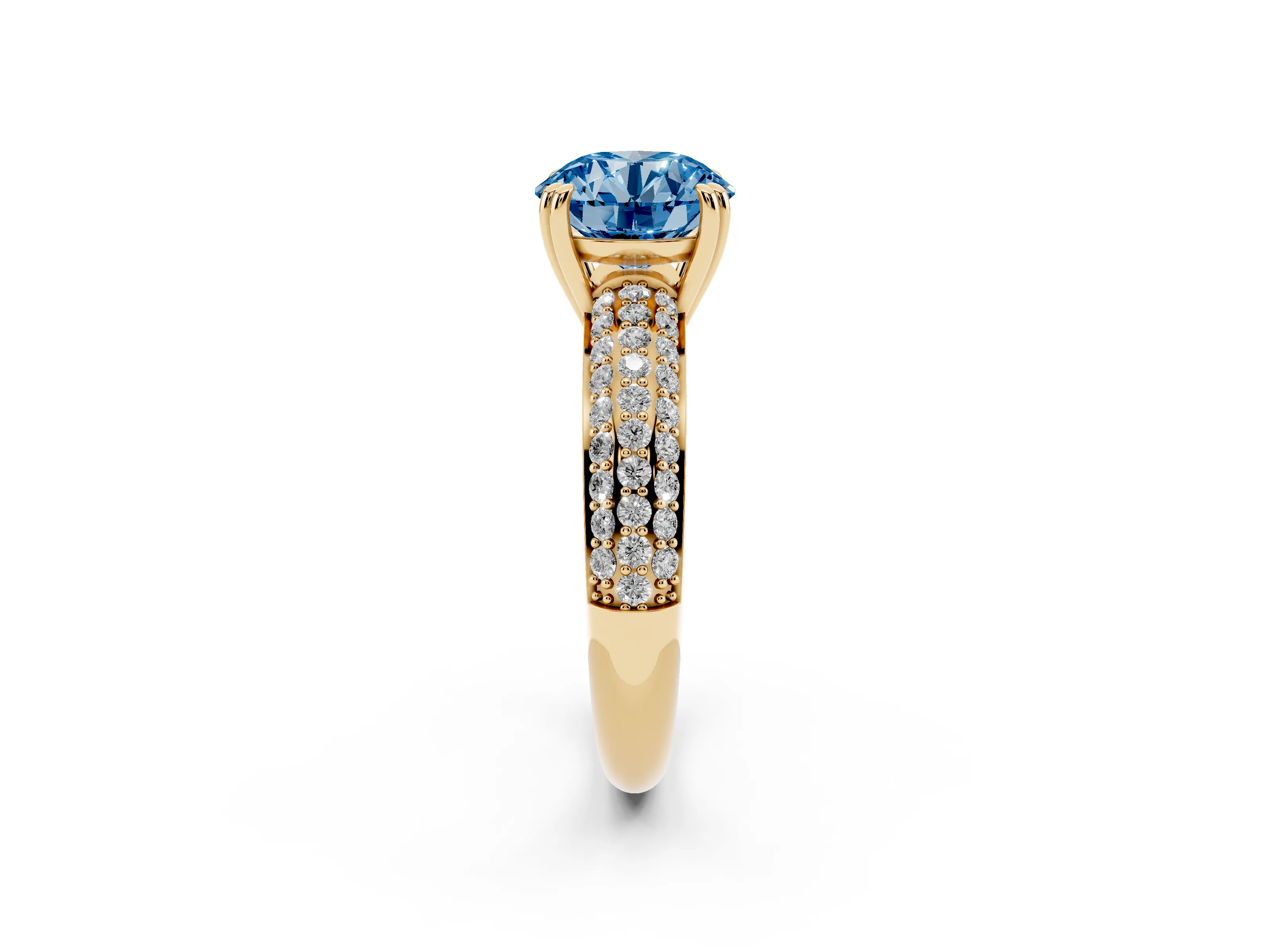 Fancy Blue Round Cut Diamond Solitaire Ring Set in Yellow gold with Multi-Row Round Pavé Band and Prong Setting