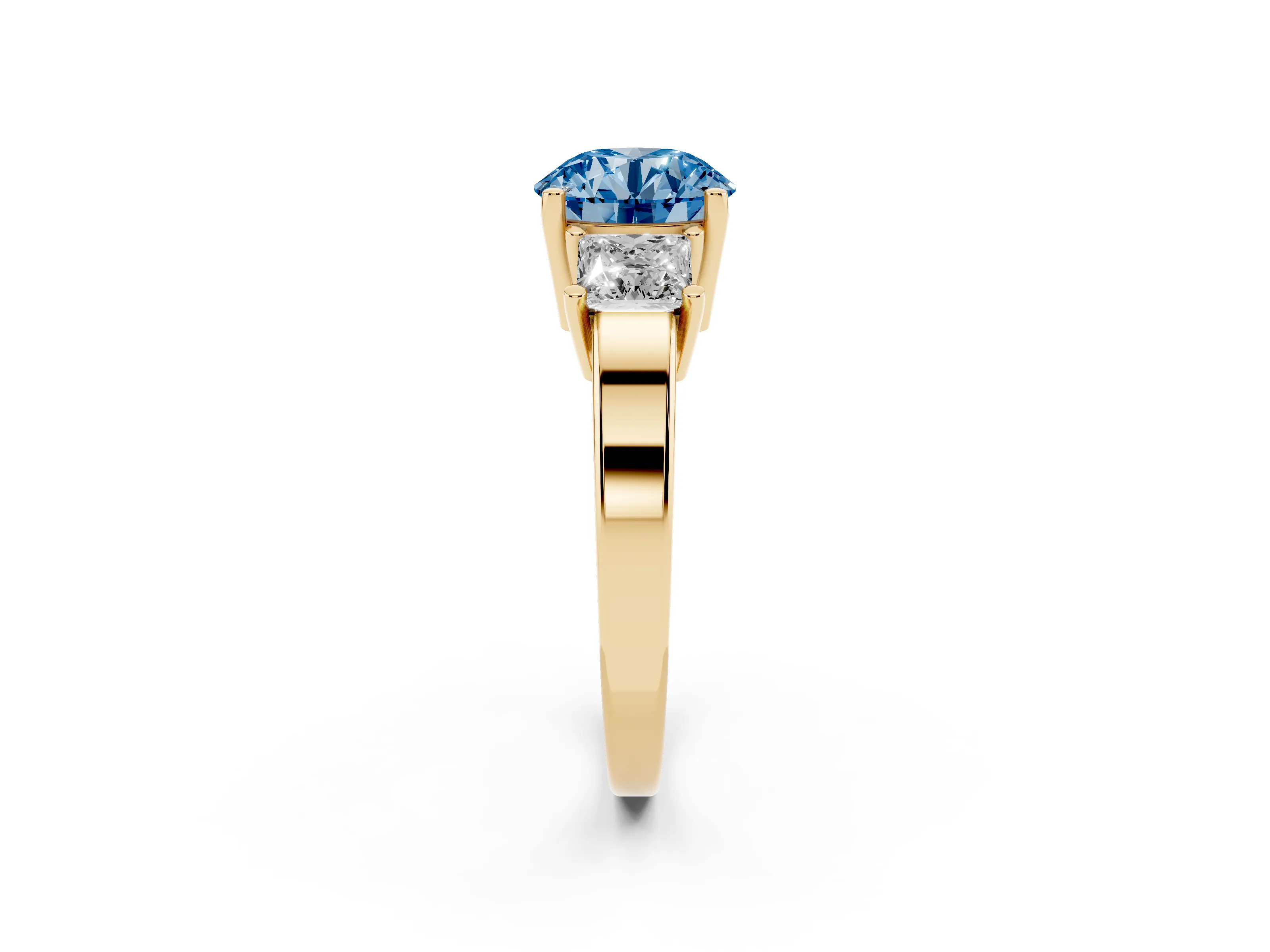 Fancy Blue Three-Stone Round Cut Diamond Solitaire Ring Set in Yellow gold with Prong Setting