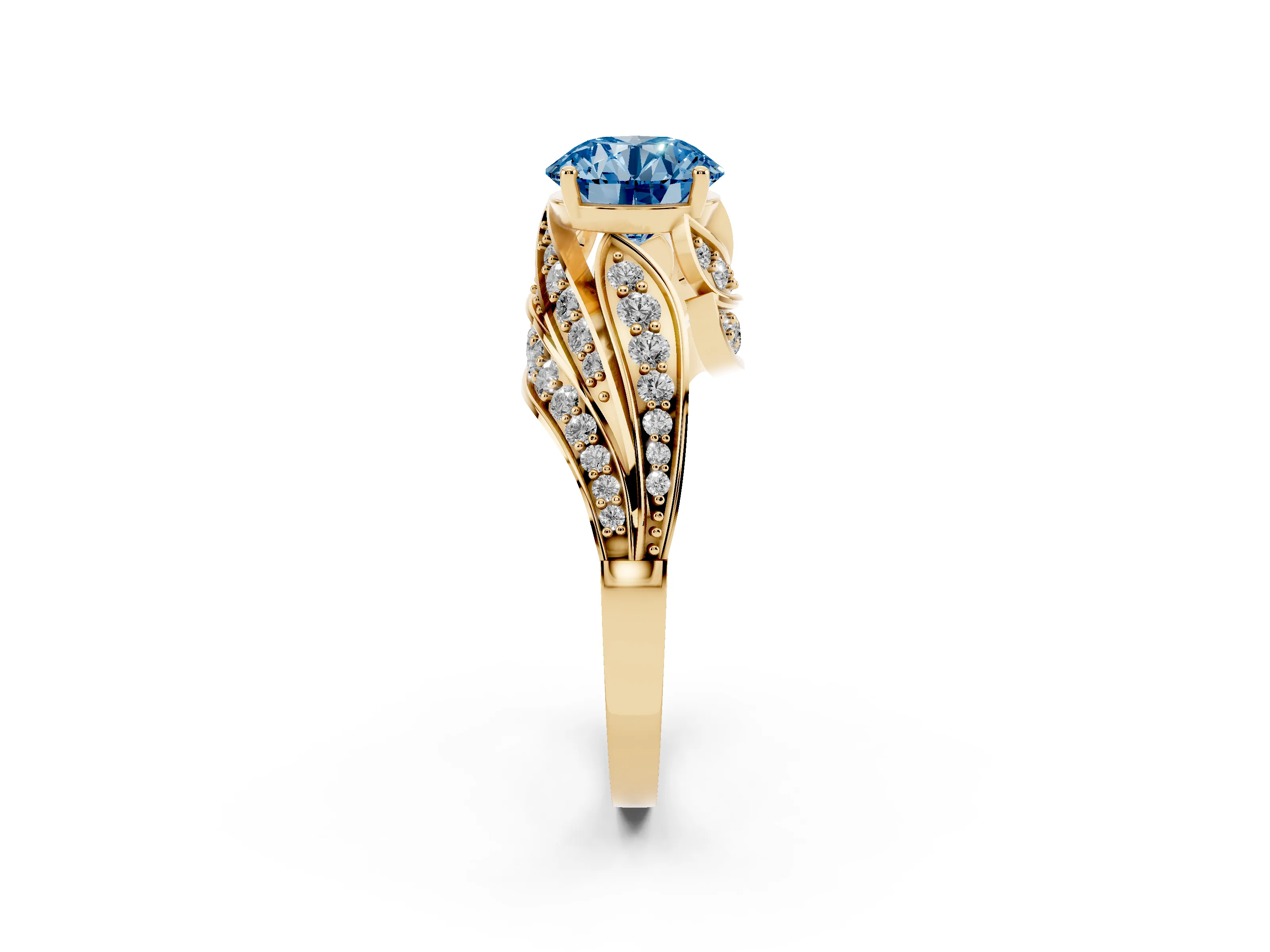 Fancy Blue Round Cut Diamond Solitaire Ring Set in Yellow gold with Layered Twist Pavé Band
