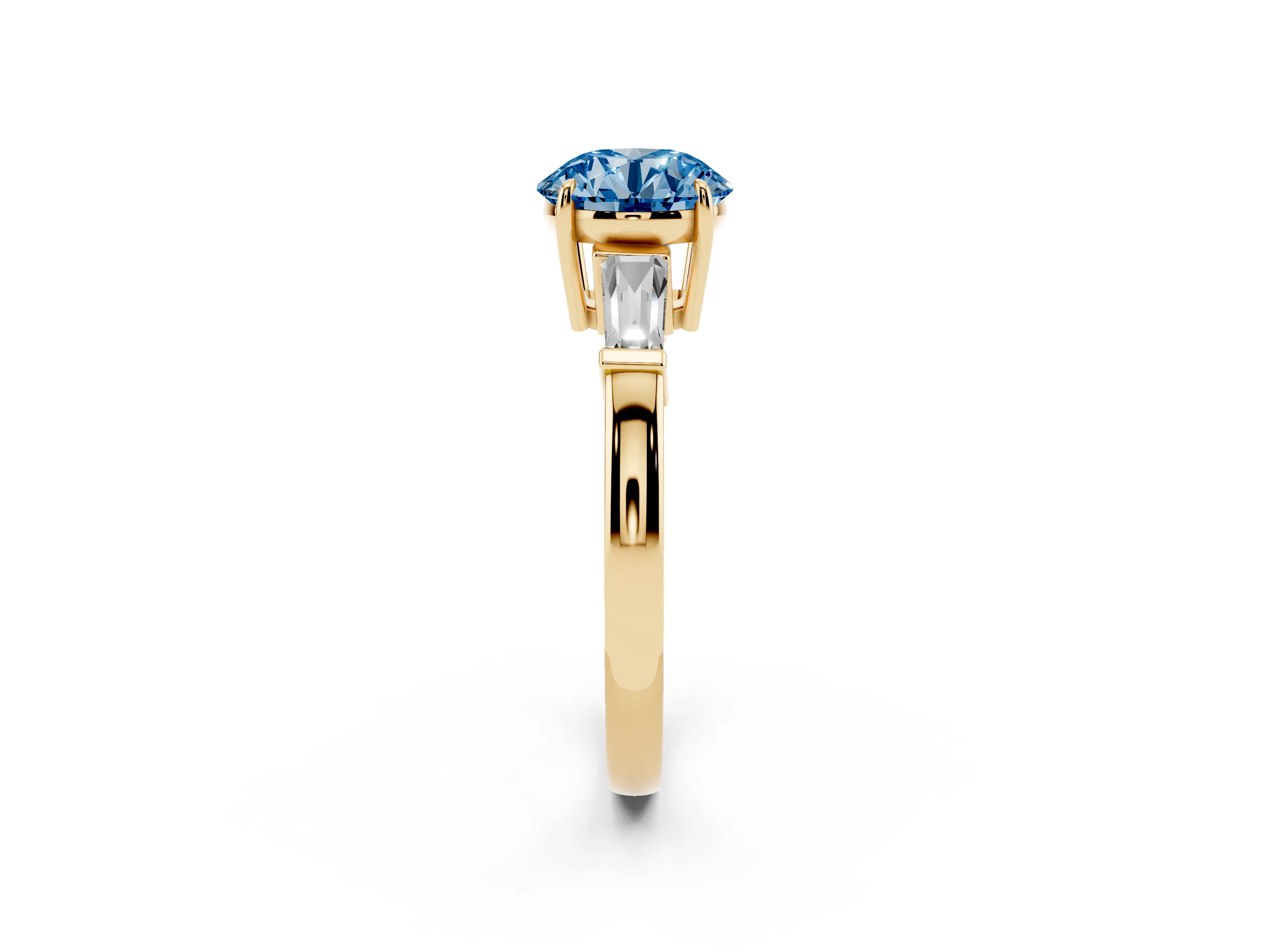 Fancy Blue Round Cut Diamond Three-Stone Ring Set in Yellow gold with Tapered Baguette Side Stones and Prong Setting
