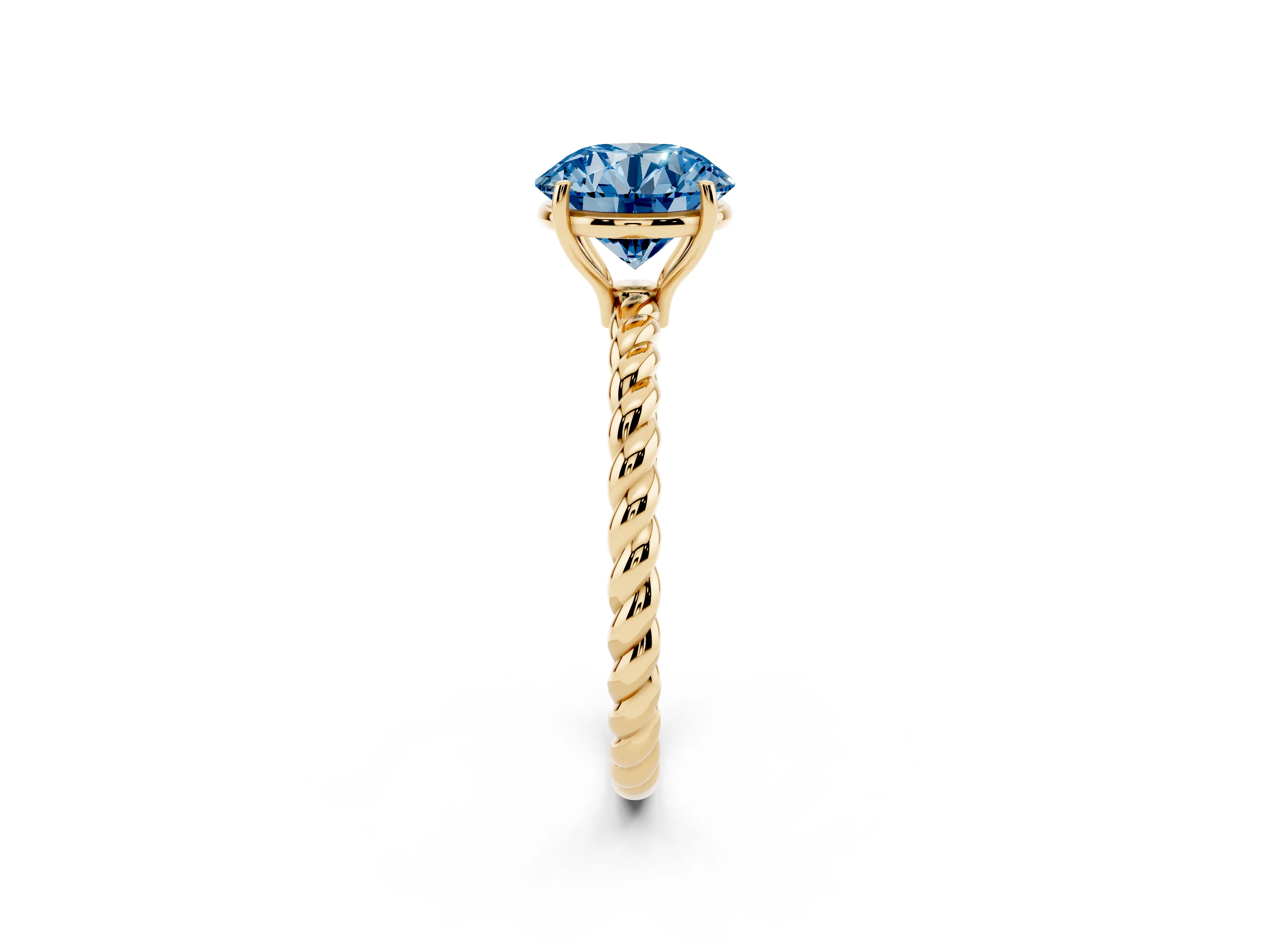 Fancy Blue Round Cut Diamond Solitaire Ring Set in Yellow gold with Twist Band and Prong Setting
