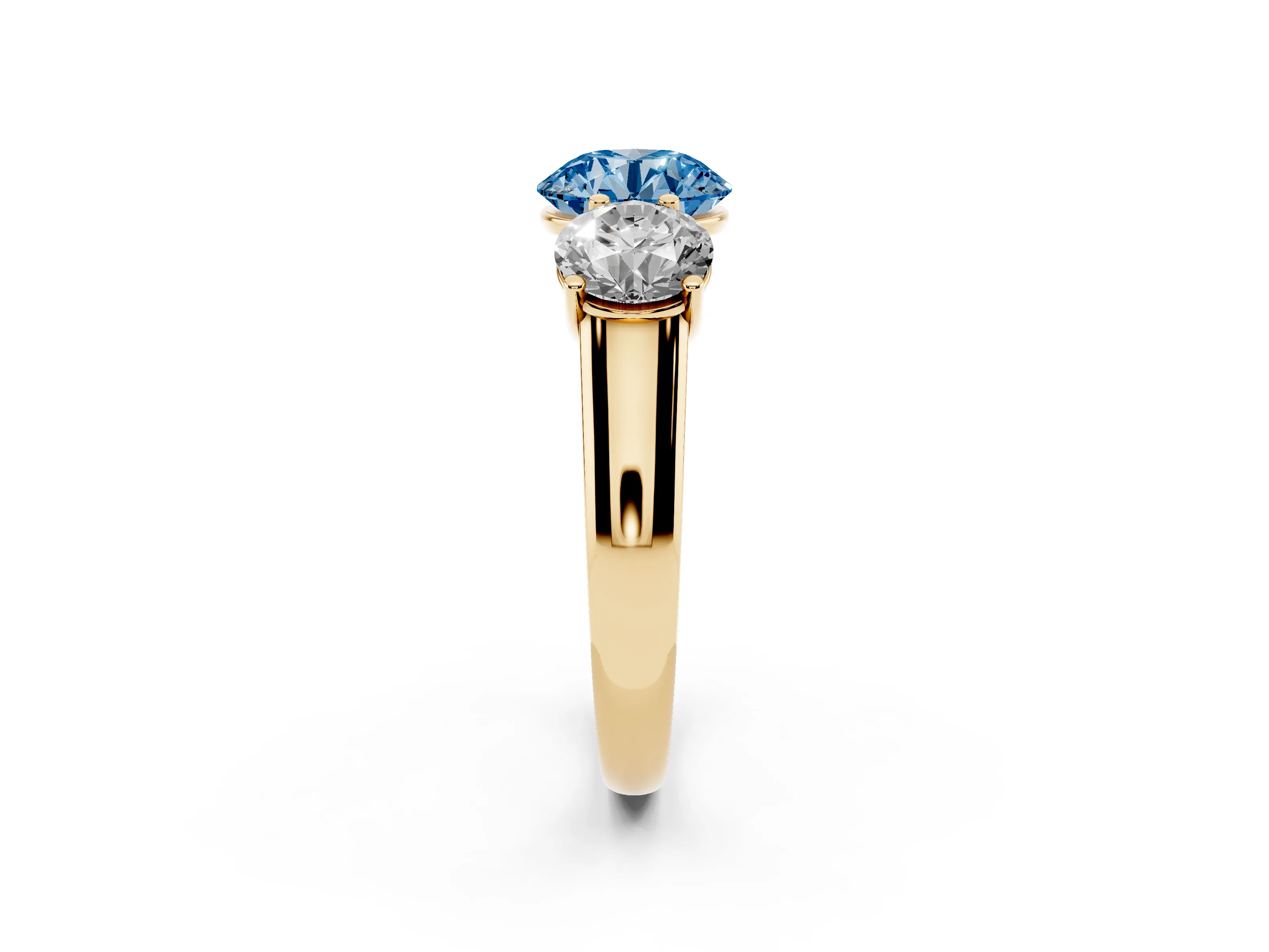 Fancy Blue Round Cut Diamond Three-Stone Ring Set in Yellow gold with Plain Polished Band