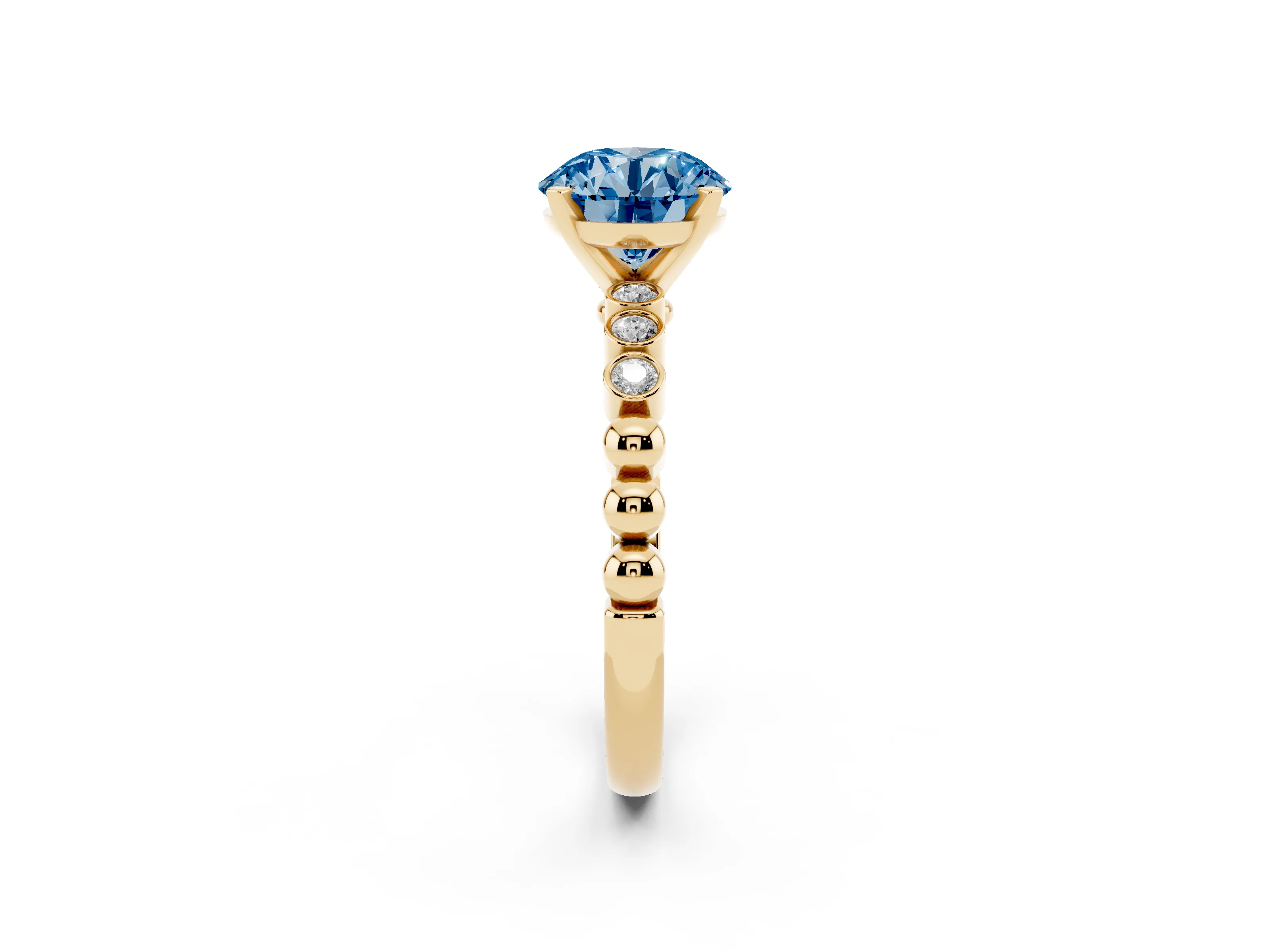 Fancy Blue Round Cut Diamond Solitaire Engagement Ring Set in Yellow gold with Bezel Accents on Beaded Band
