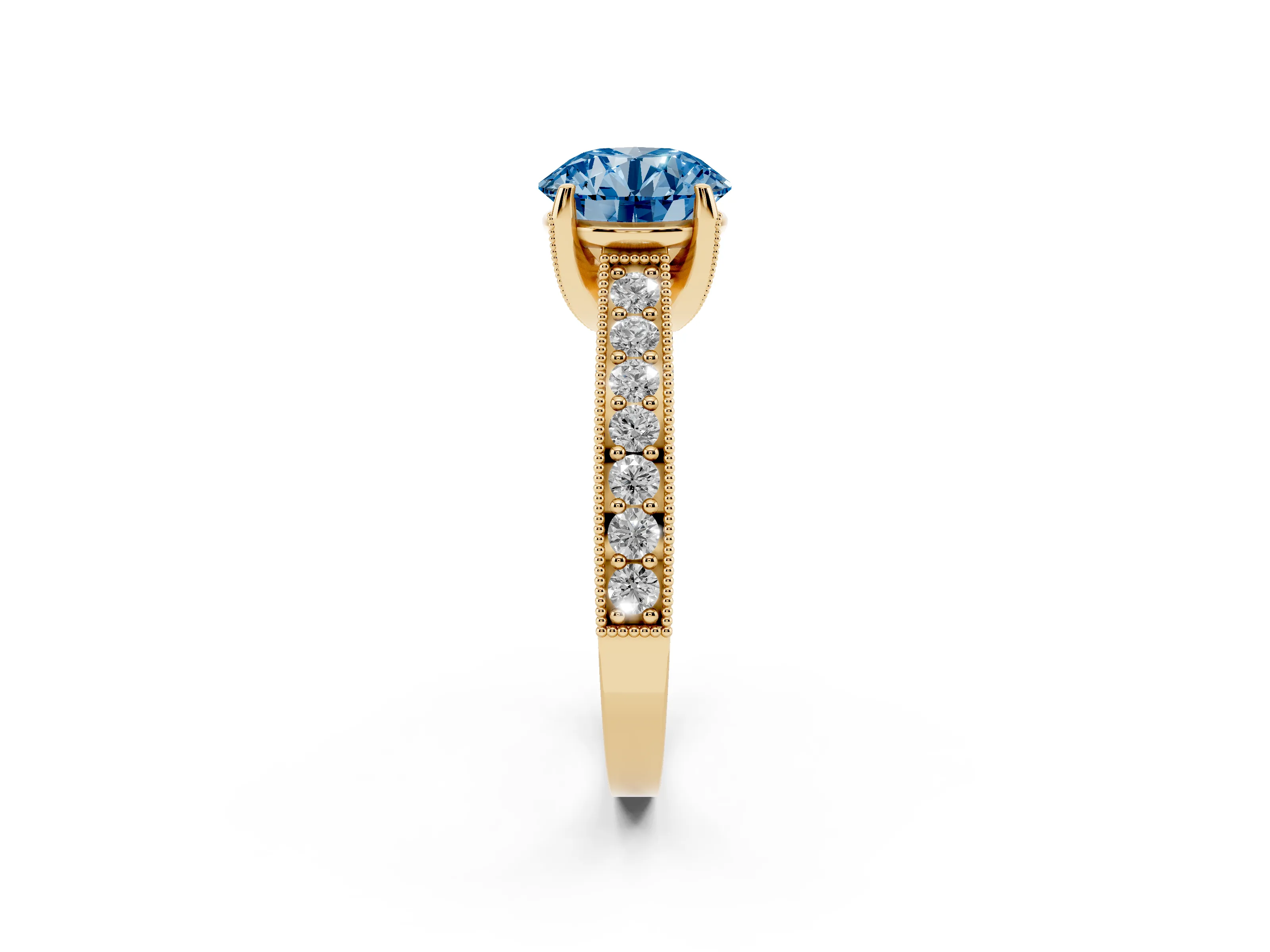 Fancy Blue Round Cut Diamond Solitaire Ring Set in Yellow gold with Milgrain-Edged Pavé Band and Prong Setting