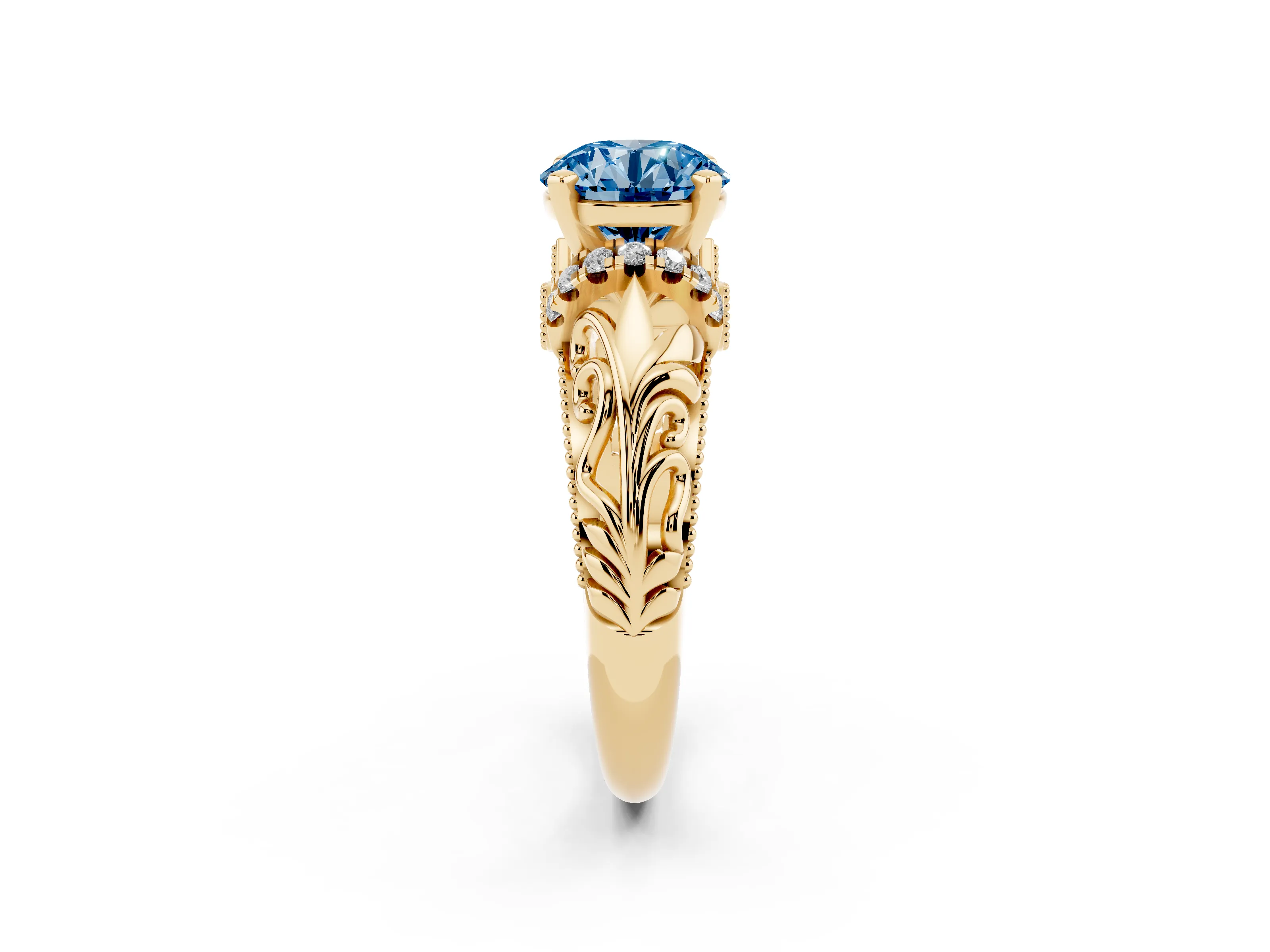 Fancy Blue Round Cut Diamond Filigree Halo Engagement Ring Set in Yellow gold with Prong Setting