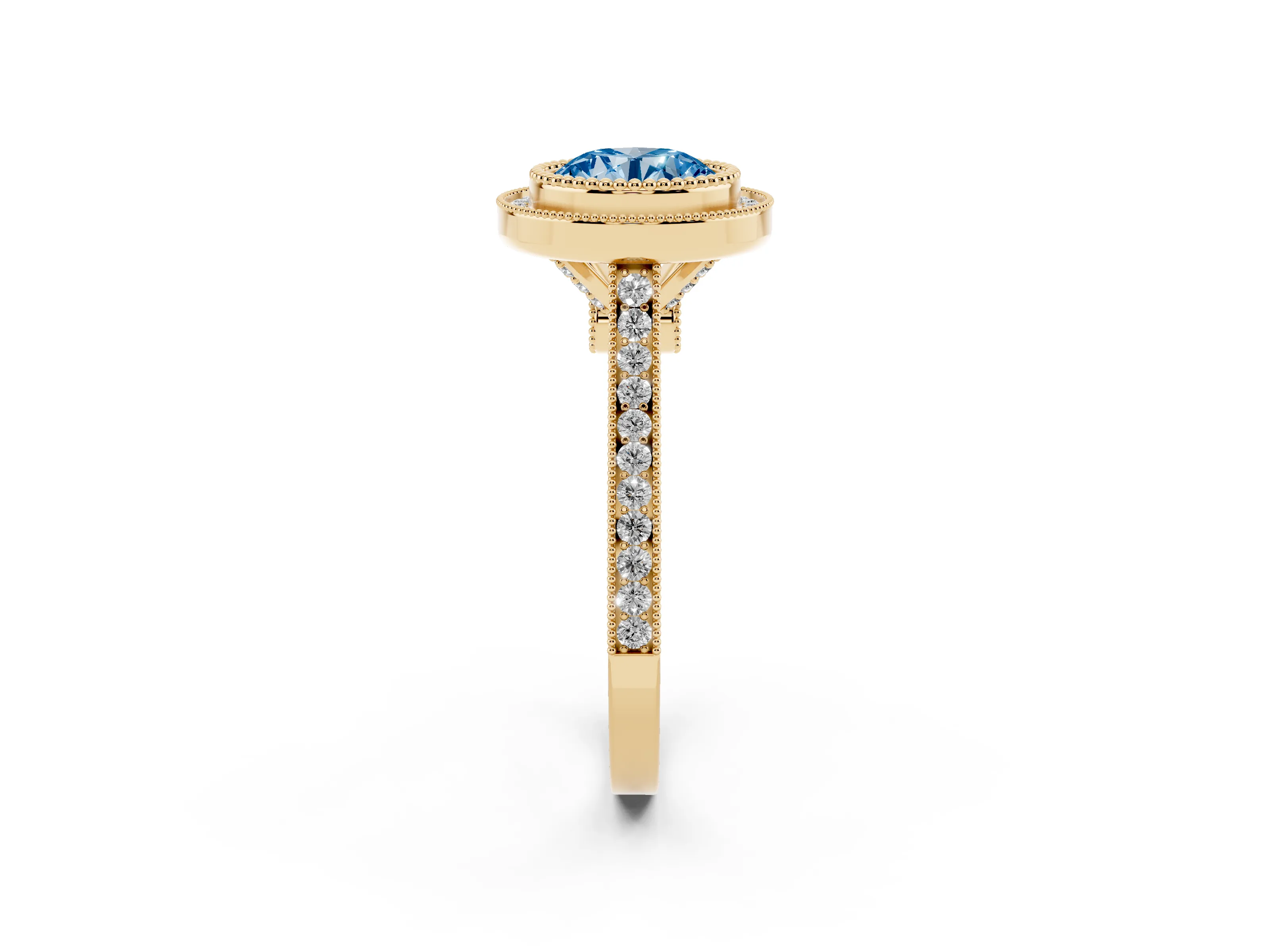 Fancy Blue Round Cut Diamond Halo Ring Set in Yellow gold with Milgrain Frame and Pavé Band
