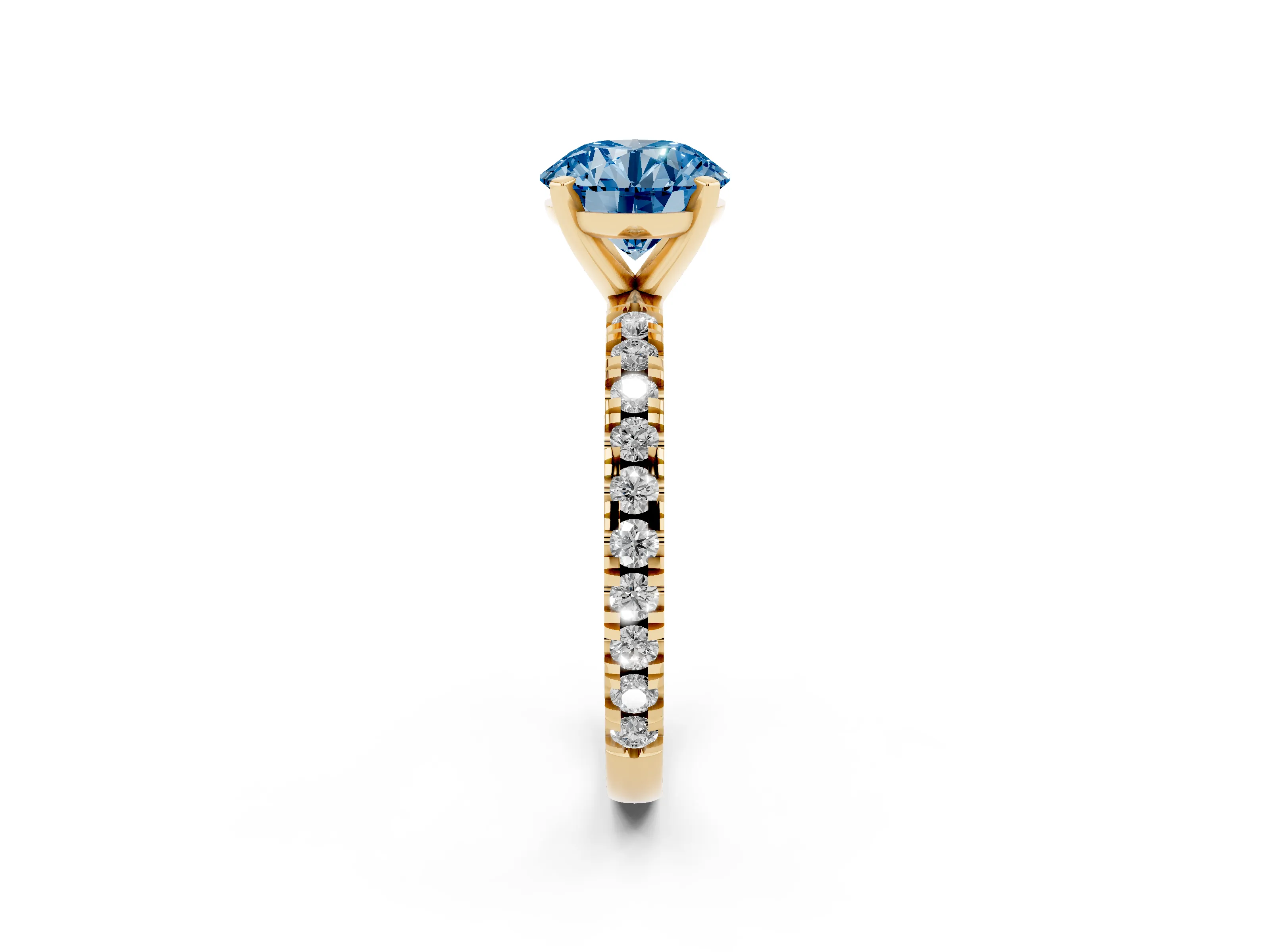 Fancy Blue Round Cut Diamond Pavé Band Solitaire Set in Yellow gold with Prong Setting