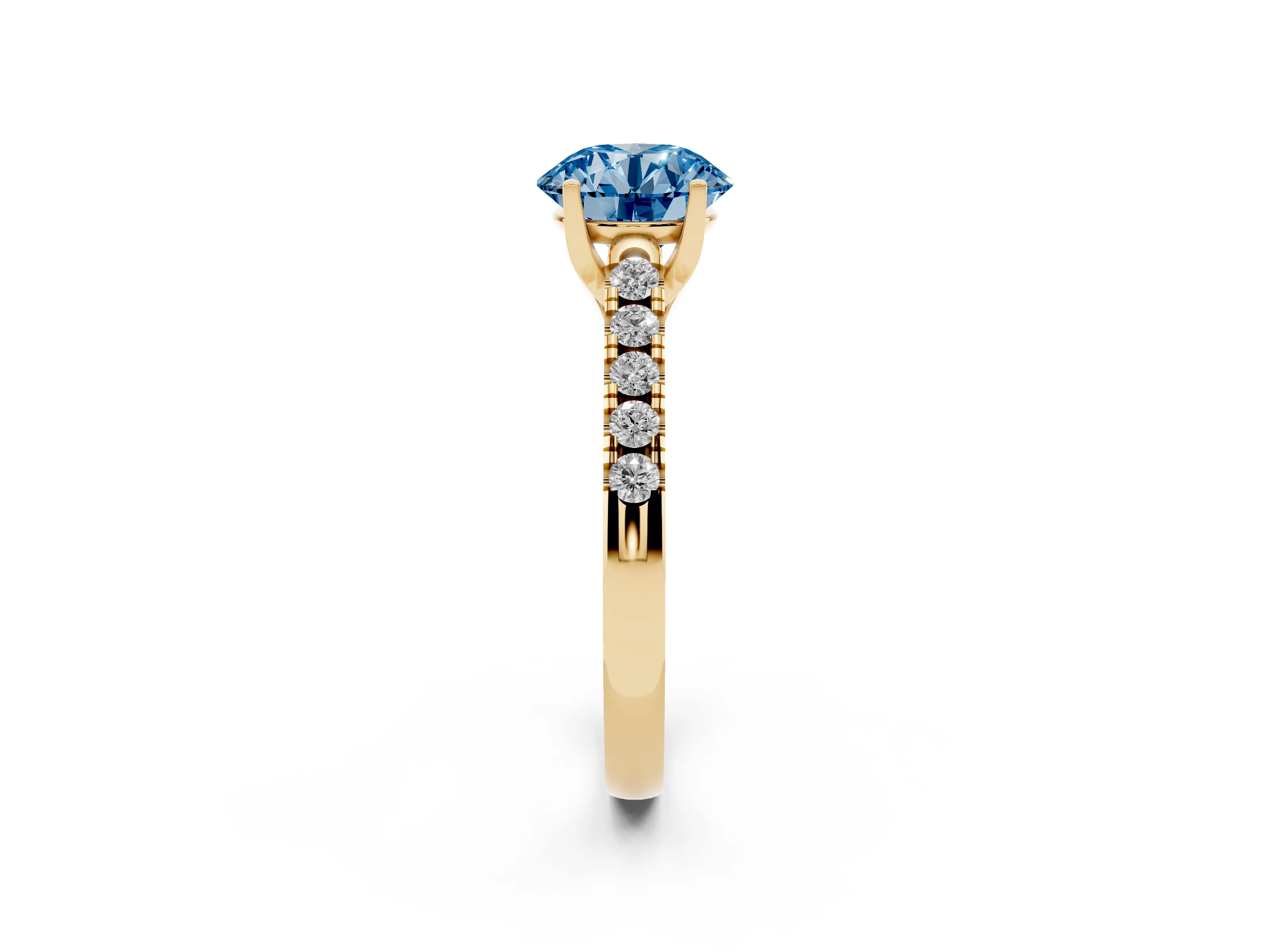 Fancy Blue Round Cut Diamond Pavé Band Solitaire Ring Set in Yellow gold with Partway Accent Stones and Prong Setting