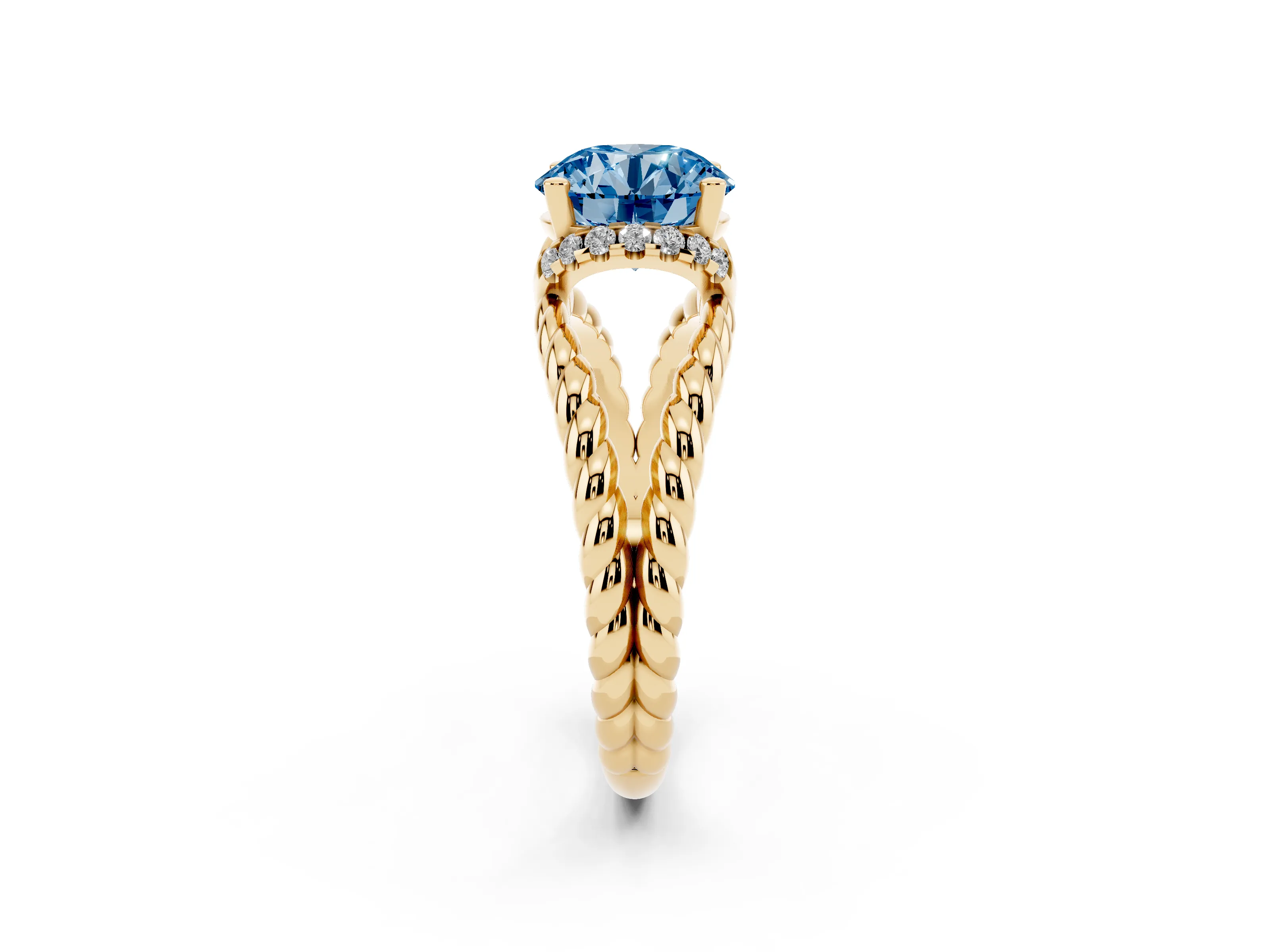 Fancy Blue Round Cut Diamond Halo Ring Set in Yellow gold with Twisted Band and Prong Setting