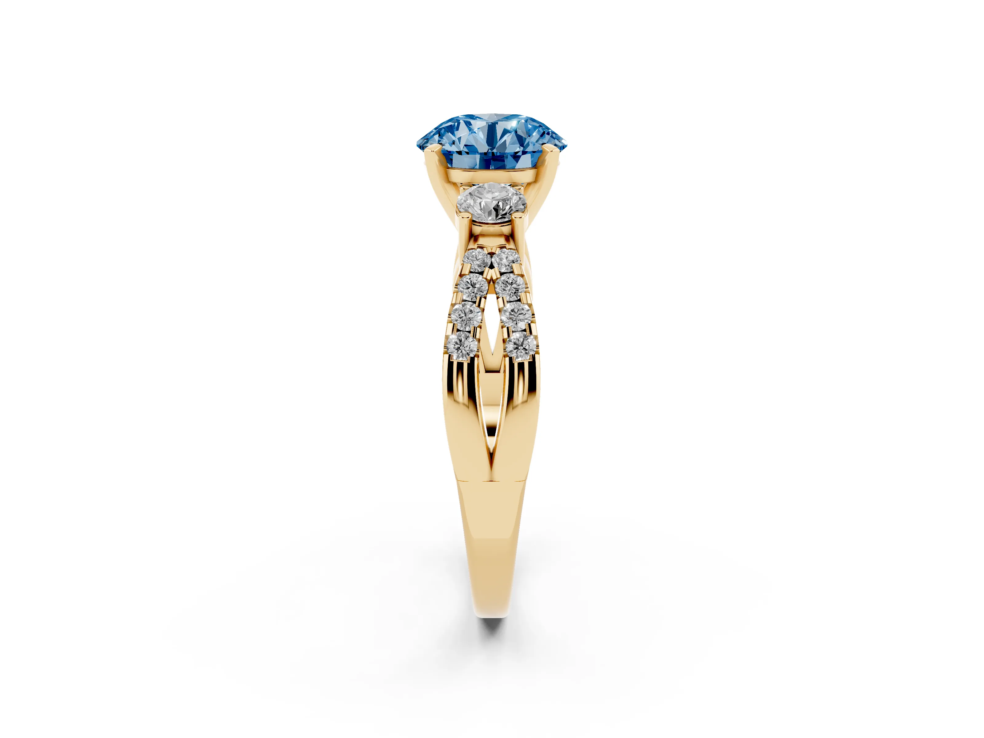 Fancy Blue Round Cut Diamond Three-Stone Ring Set in Yellow gold with Pavé Split Shank and Prong Setting
