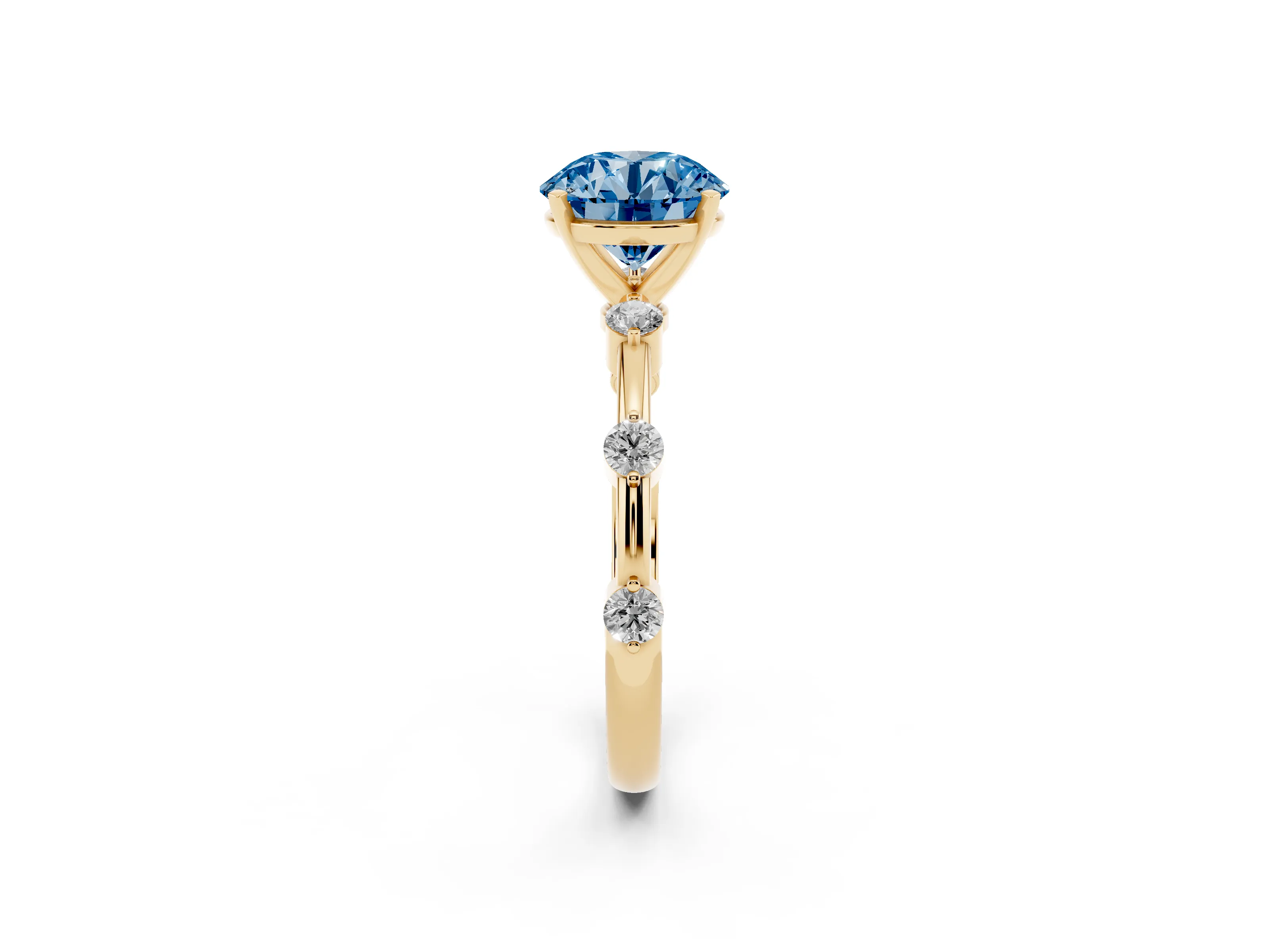 Fancy Blue Round Cut Diamond Solitaire Ring Set in Yellow gold with Bezel Set Side Stones and Prong Setting