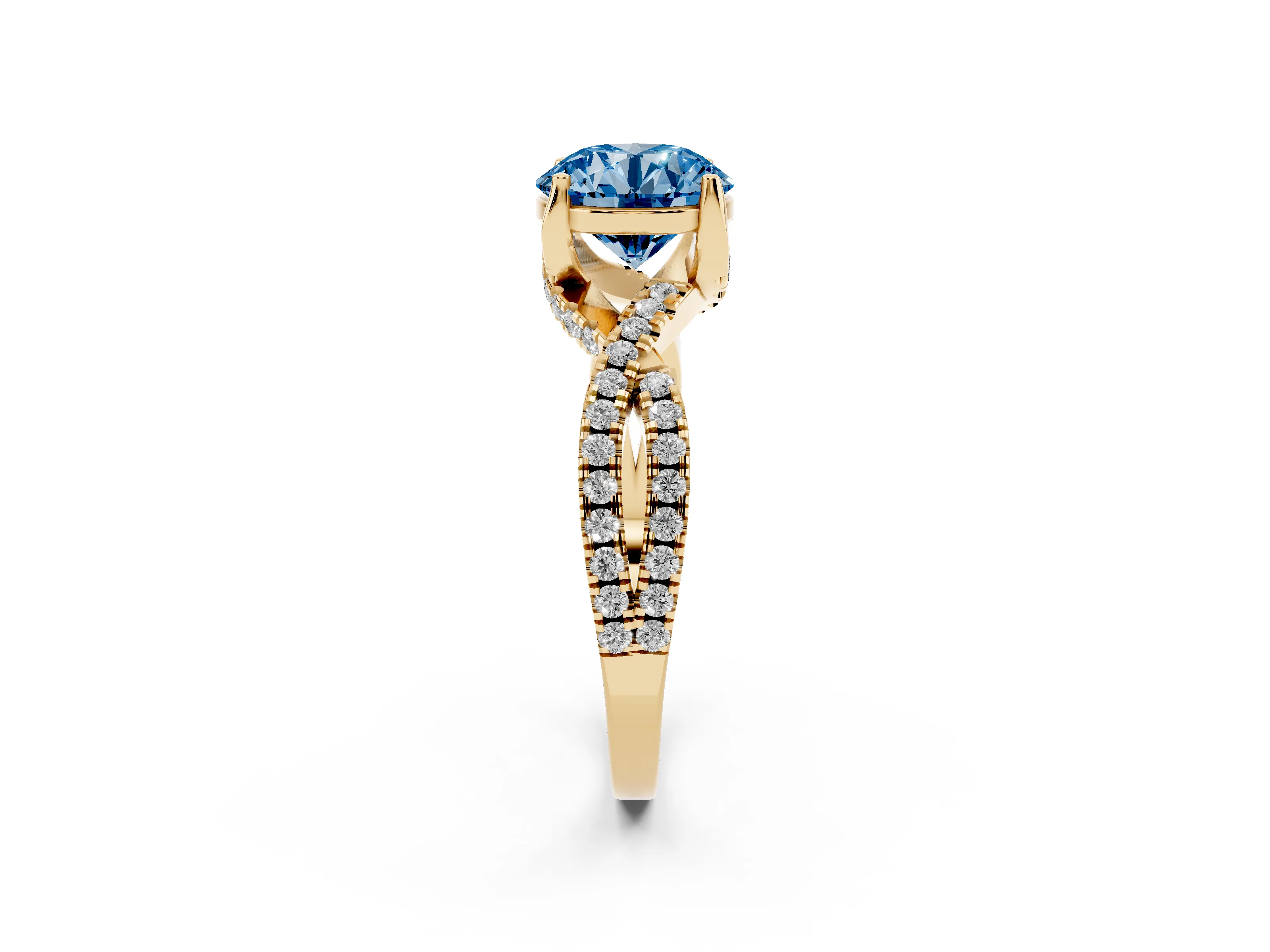 Fancy Blue Round Cut Diamond Twist Pavé Solitaire Engagement Ring Set in Yellow gold with Prong Setting