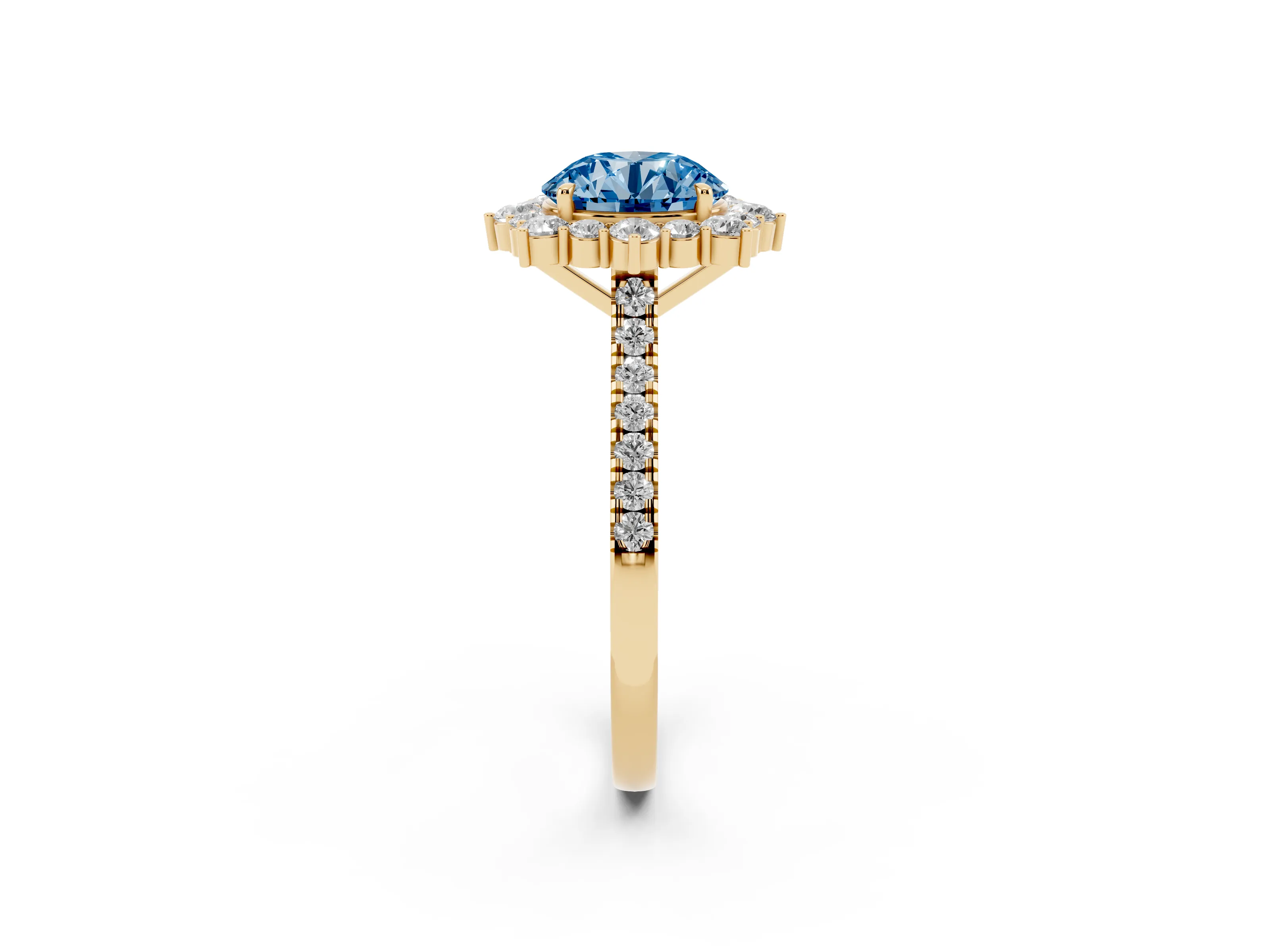 Fancy Blue Round Cut Diamond Halo Ring Set in Yellow gold with Pavé Band and Prong Setting