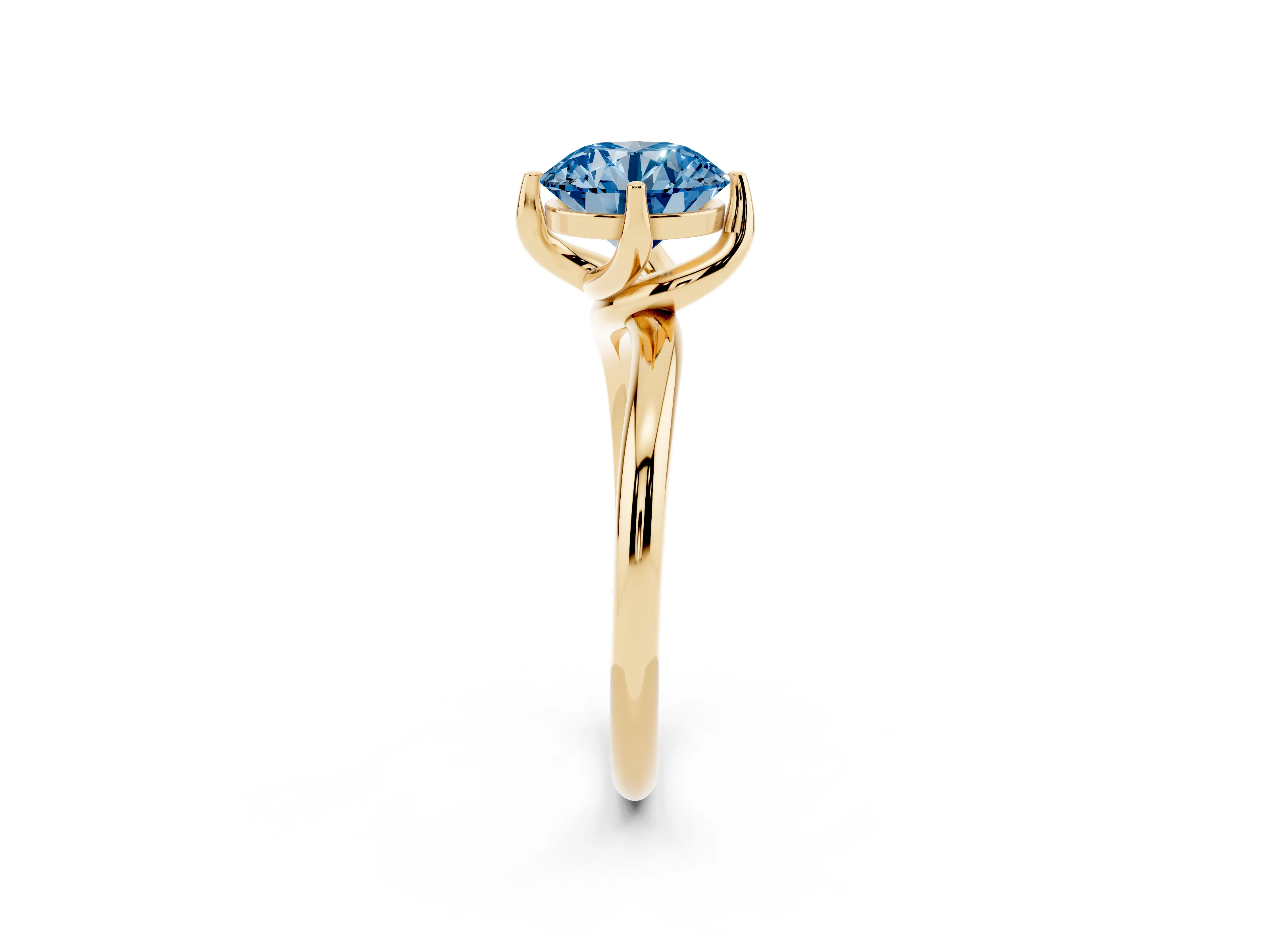 Fancy Blue Round Cut Diamond Solitaire Engagement Ring Set in Yellow gold with Classic Plain Band