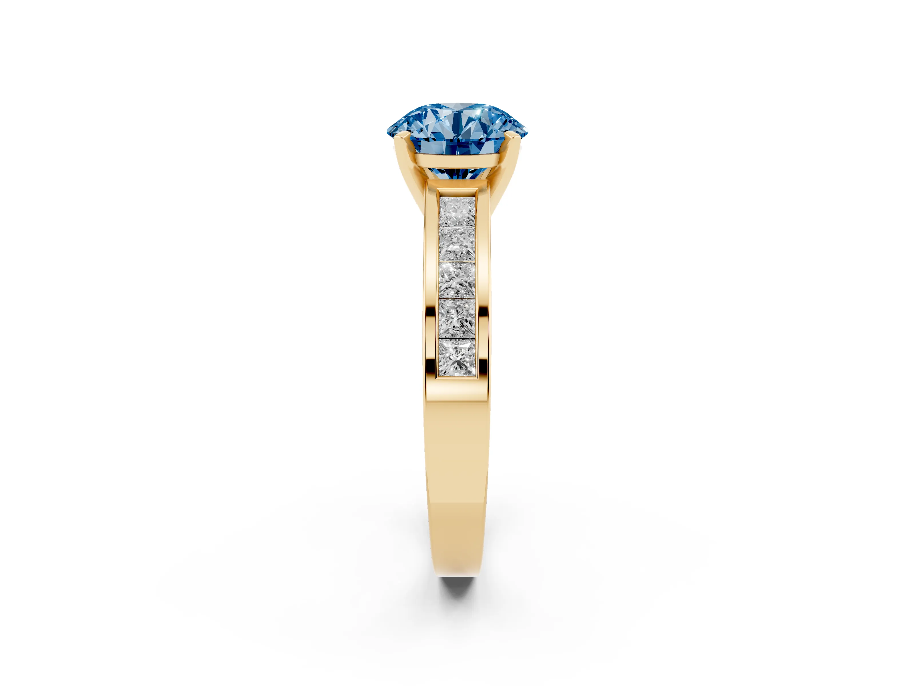 Fancy Blue Round Cut Diamond Solitaire Ring Set in Yellow gold with Channel-Set Band and Prong Setting
