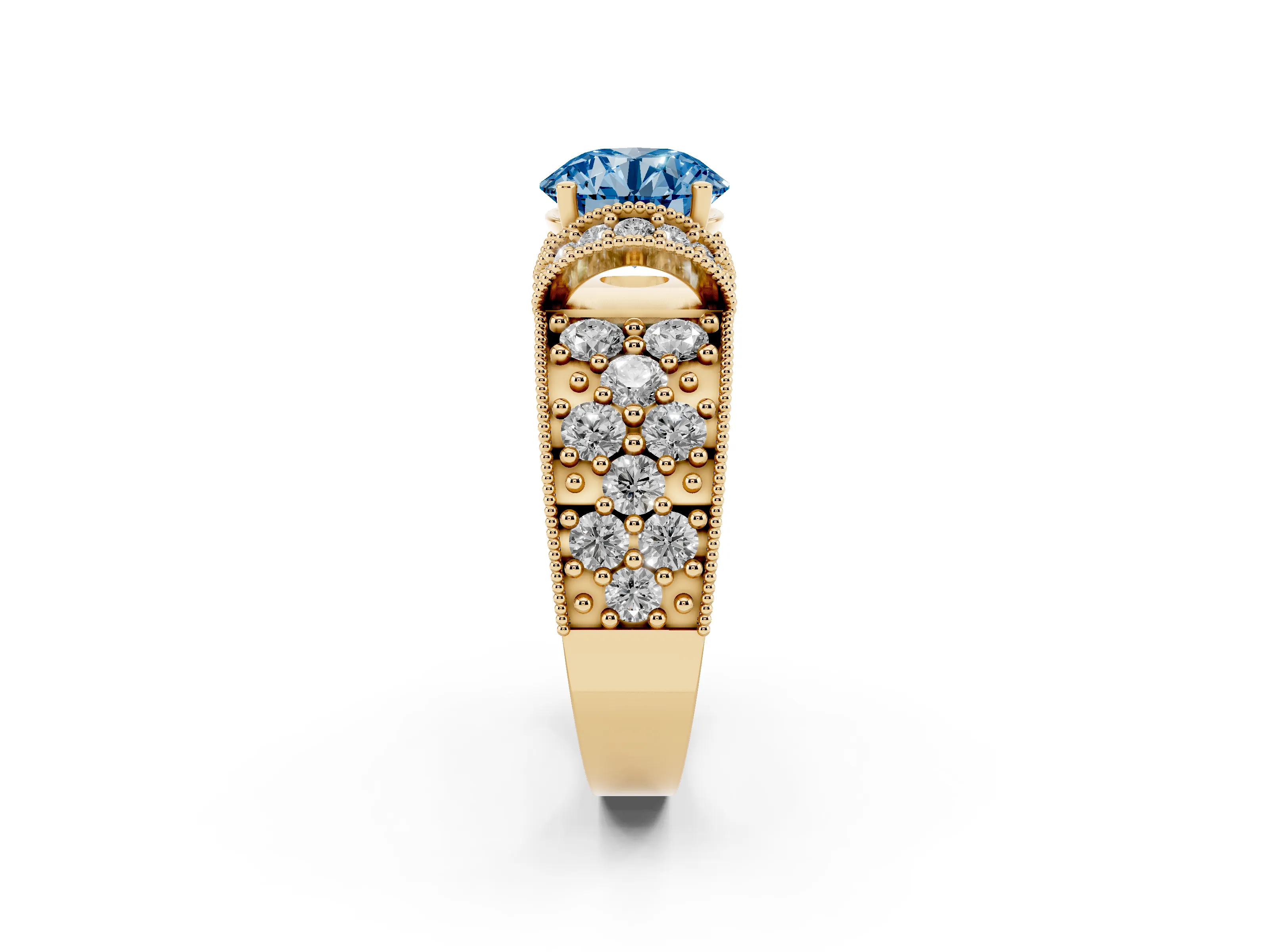 Fancy Blue Round Cut Diamond Milgrain Halo Pavé Engagement Ring Set in Yellow gold with Prong Setting