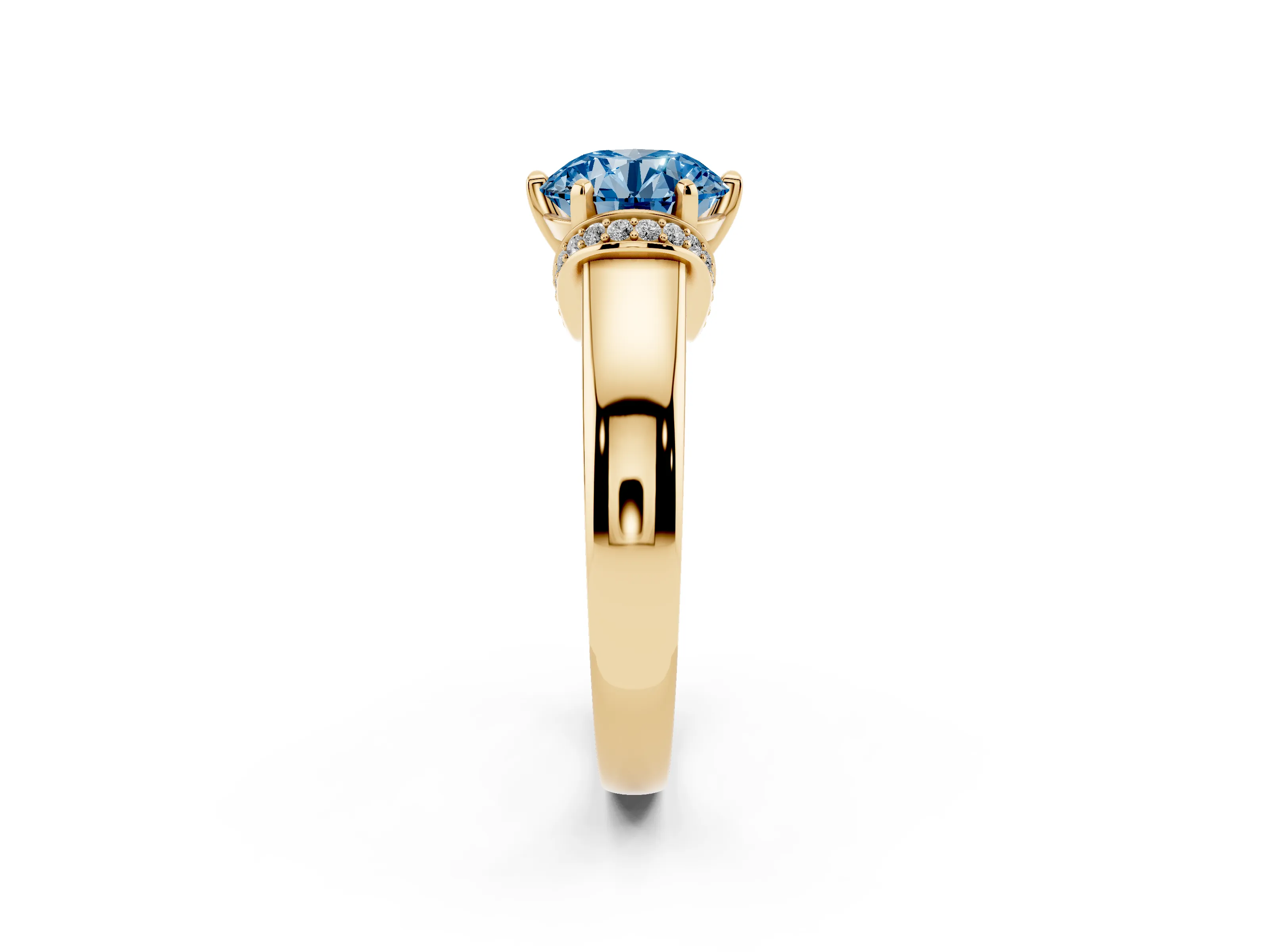 Fancy Blue Round Cut Diamond Pavé Band Solitaire Ring Set in Yellow gold with Prong Setting