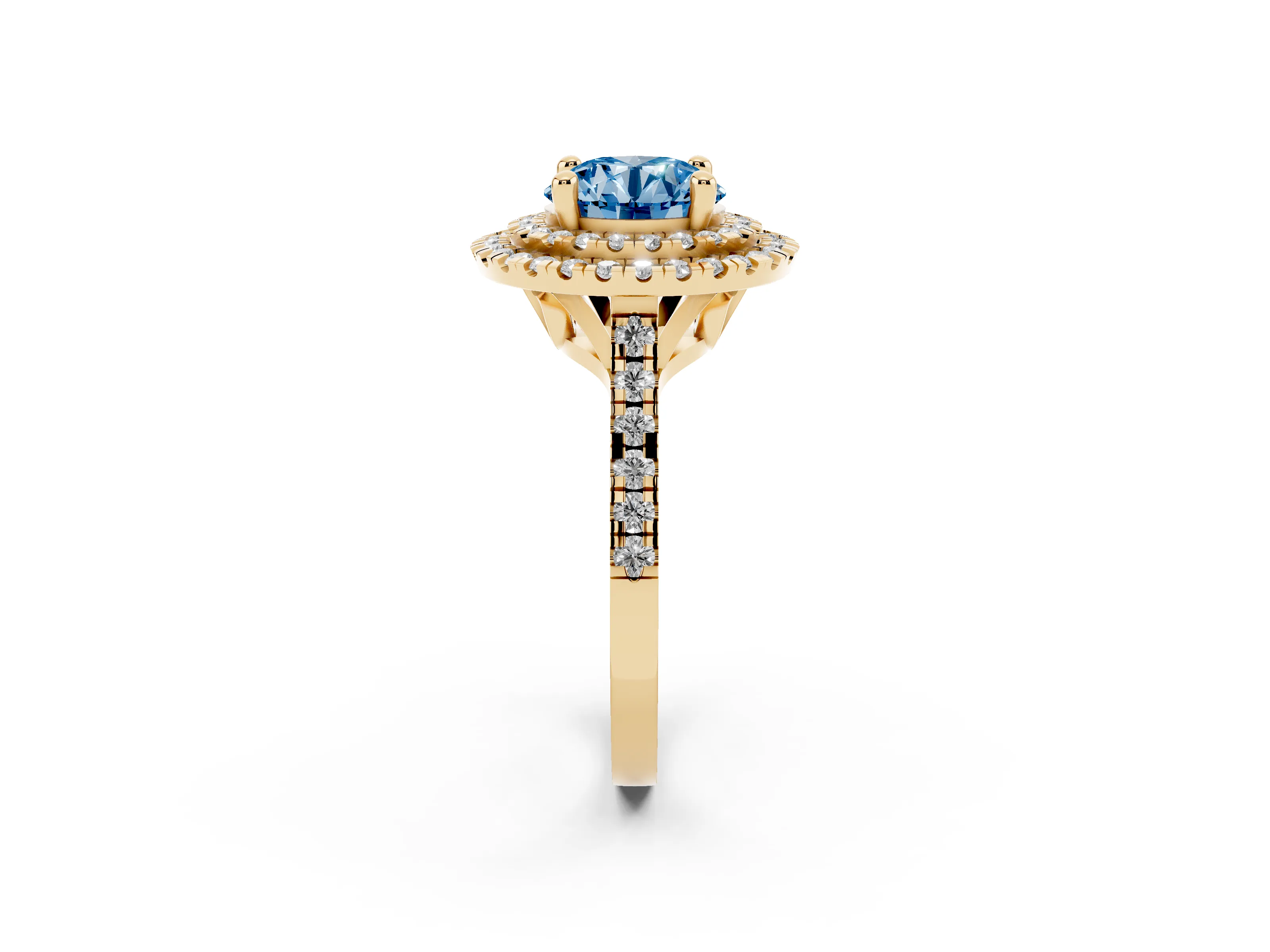 Fancy Blue Round Cut Diamond Double Halo Statement Ring Set in Yellow gold with Pavé Band