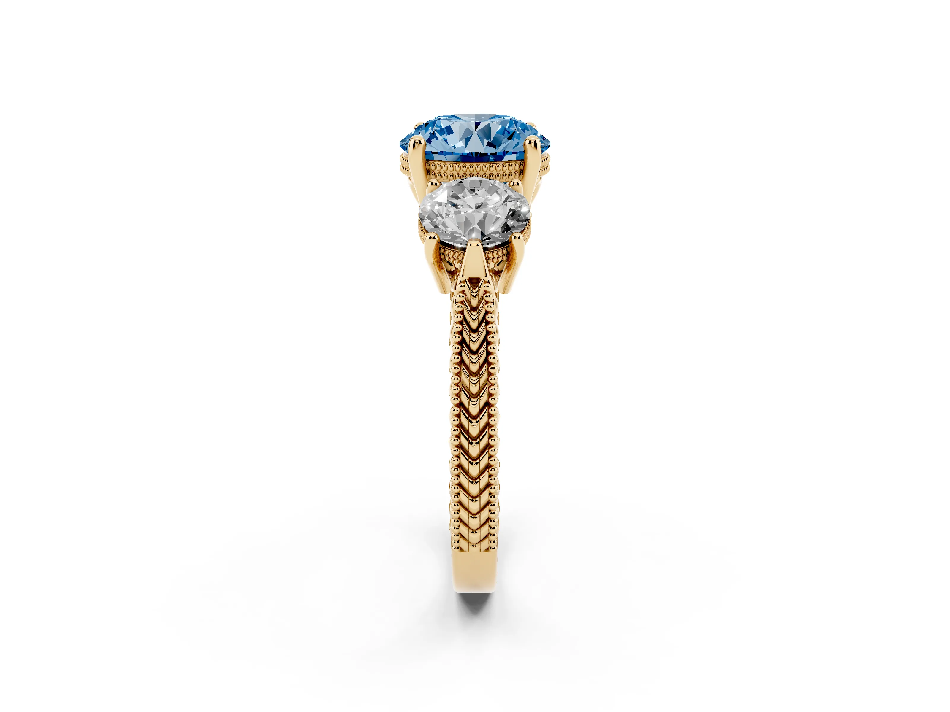 Fancy Blue Round Cut Diamond Three-Stone Ring Set in Yellow gold with Milgrain Band