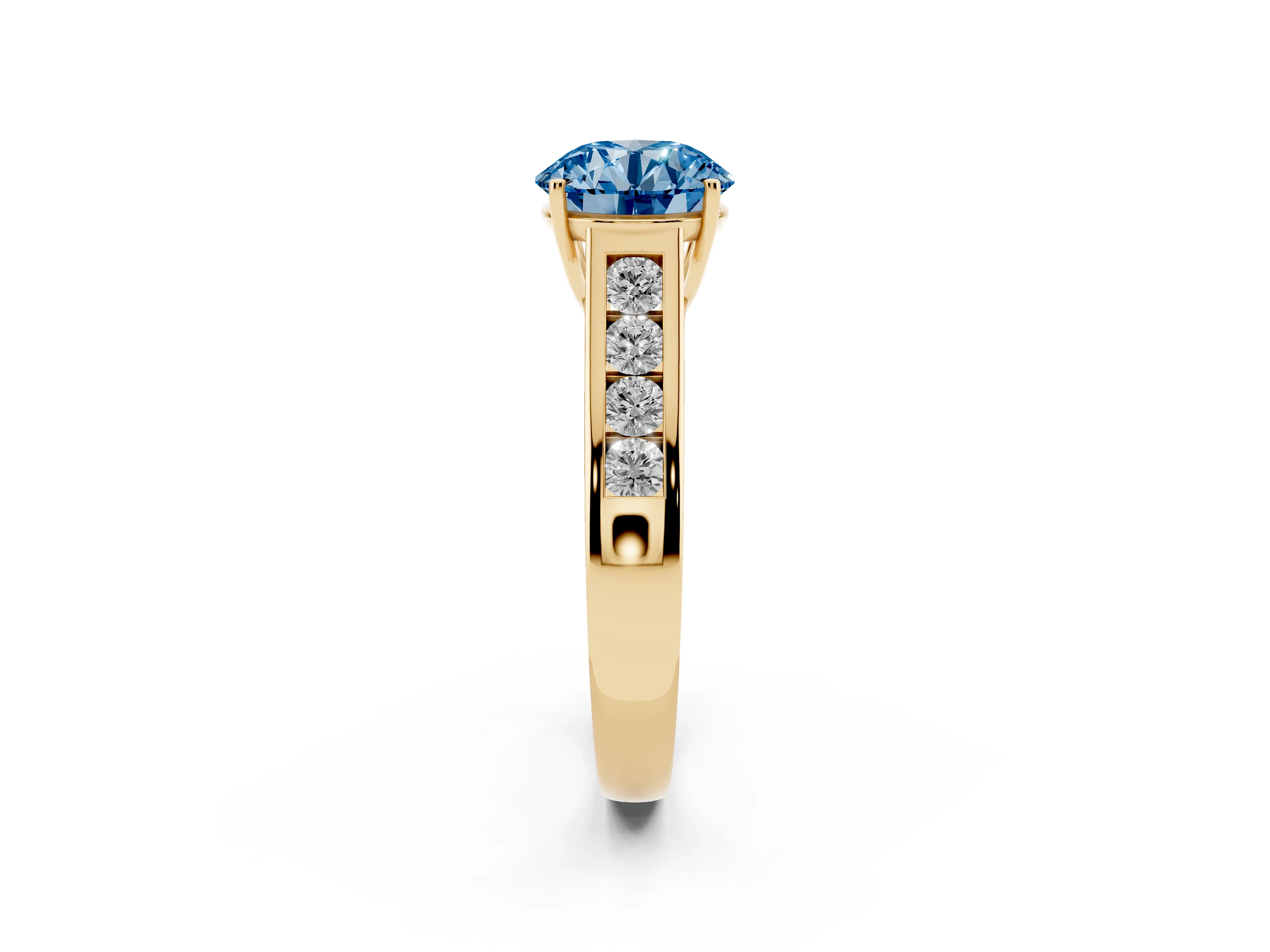 Fancy Blue Round Cut Diamond Solitaire Channel-Set Engagement Ring Set in Yellow gold with Prong Setting