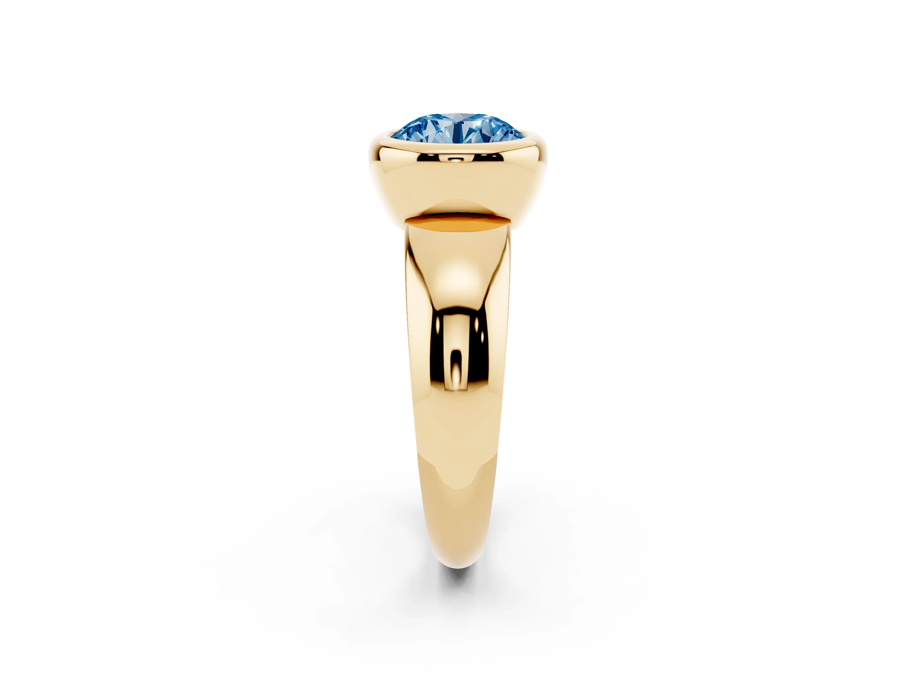 Fancy Blue Bezel Set Round Cut Diamond Solitaire Ring Set in Yellow gold with Wide Band