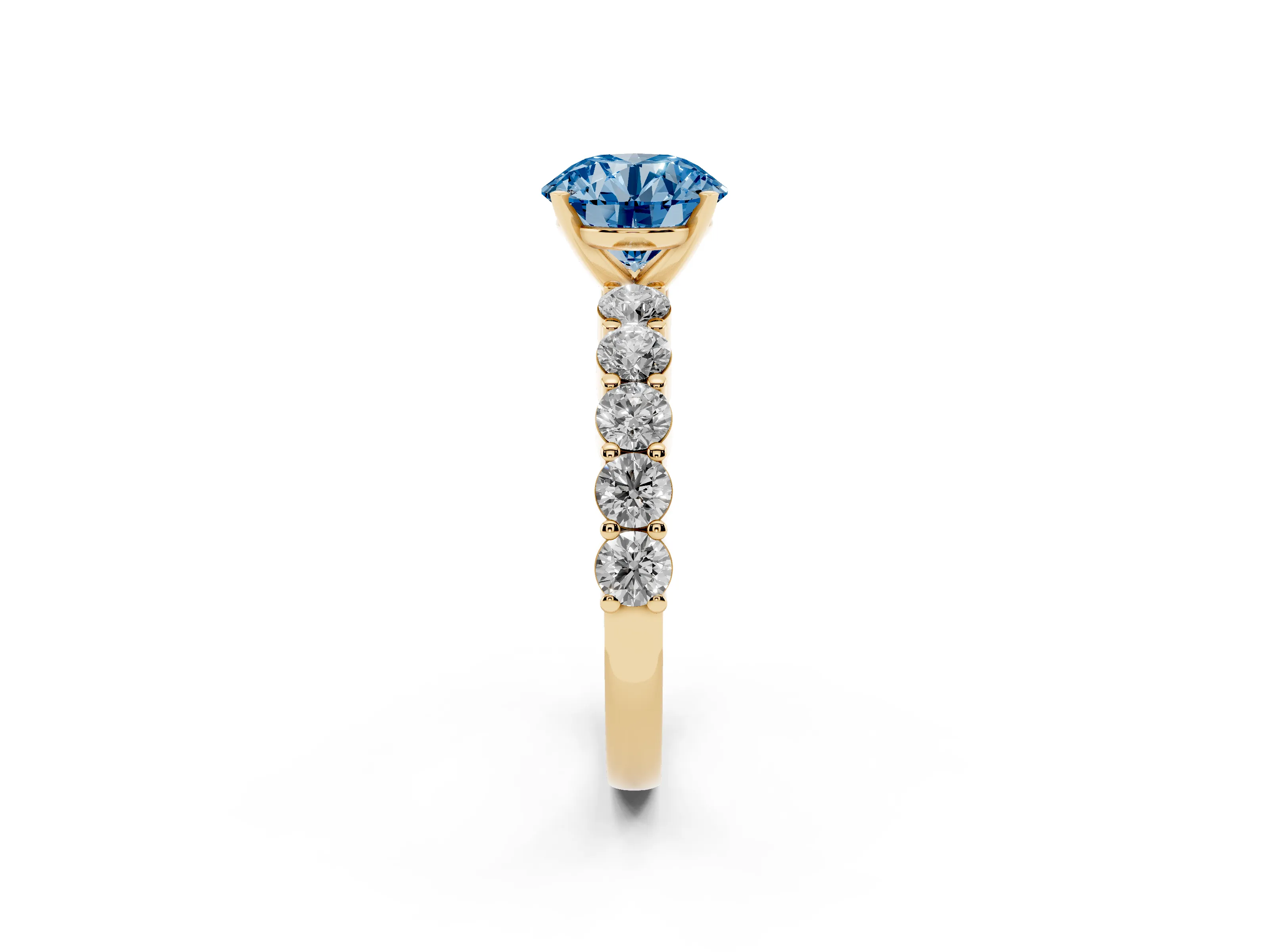 Fancy Blue Round Cut Diamond Solitaire Ring Set in Yellow gold with Shared Prong Round Side Stones