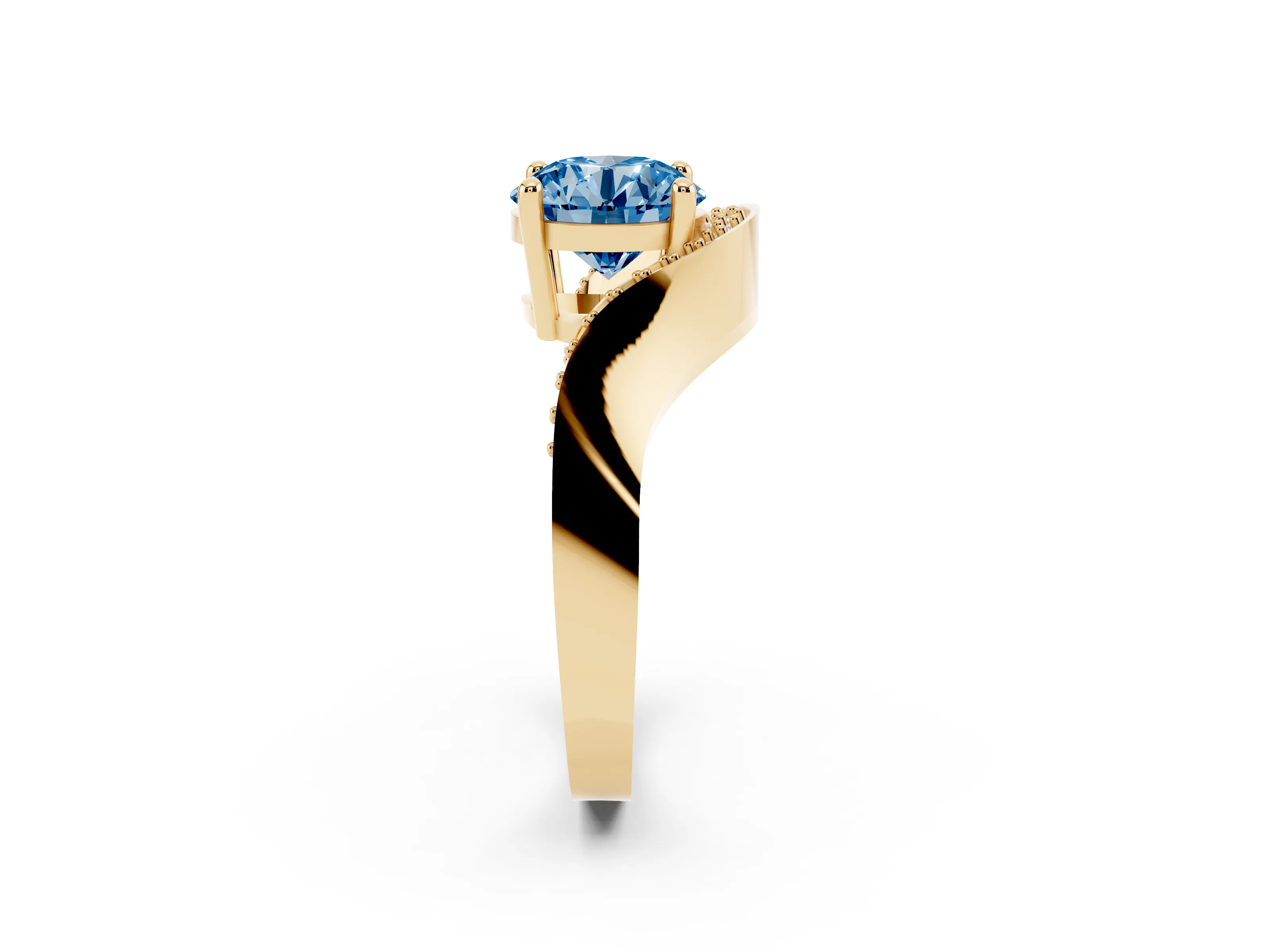 Fancy Blue Round Cut Diamond Solitaire Engagement Ring Set in Yellow gold with Pavé Shoulders