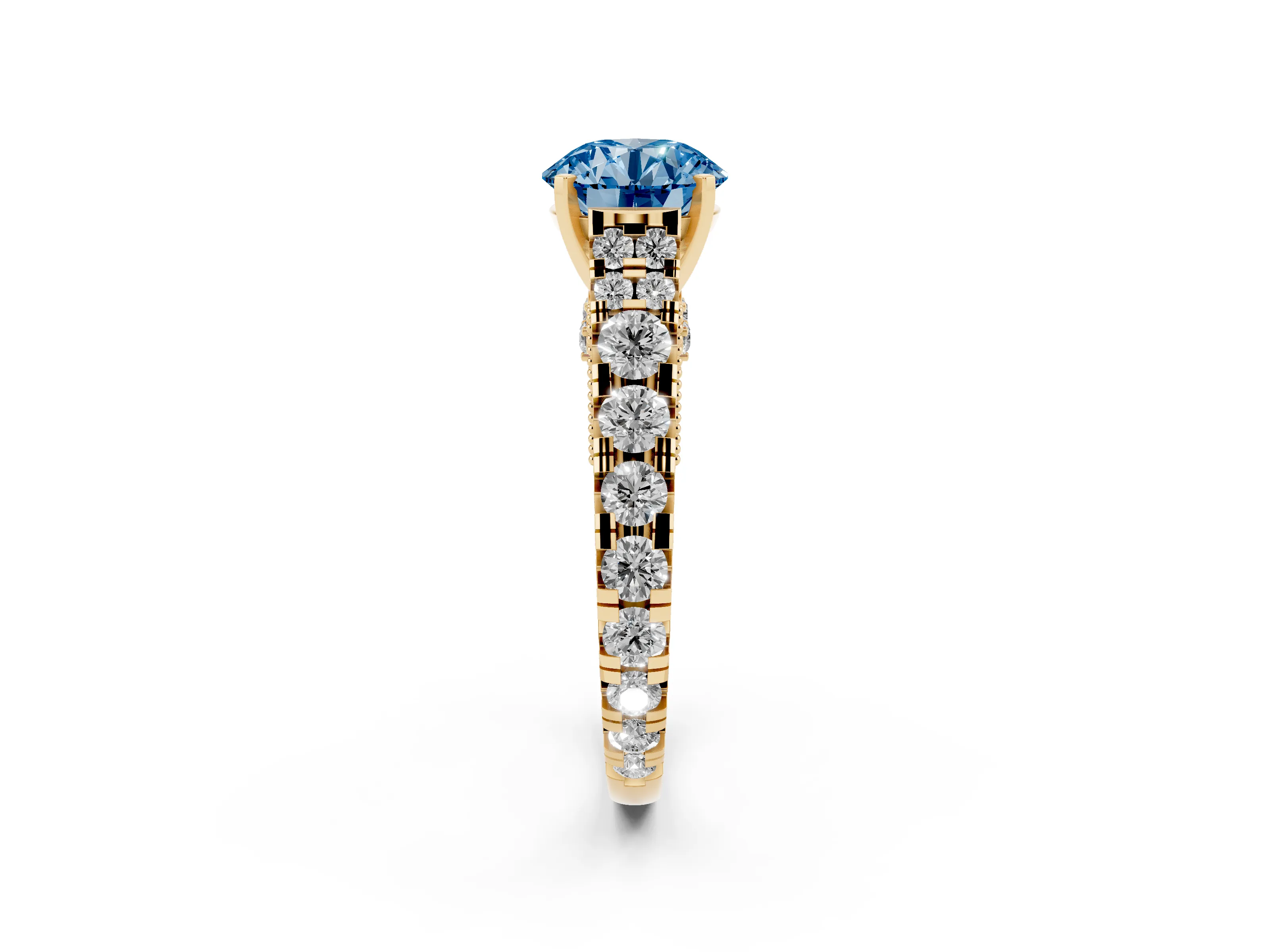 Fancy Blue Round Cut Diamond Classic Solitaire Ring Set in Yellow gold with Pavé Band and Prong Setting