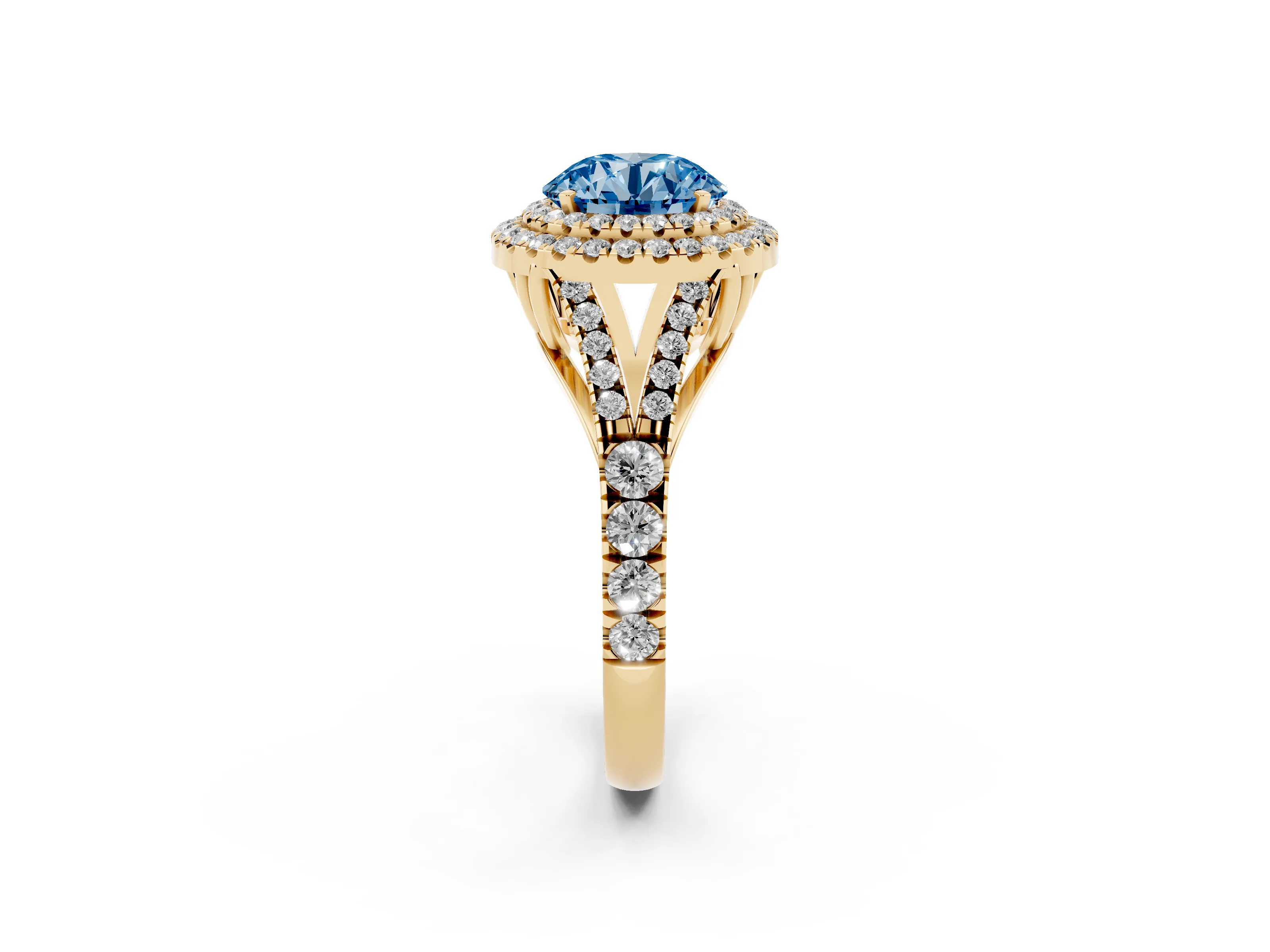 Fancy Blue Round Cut Diamond Pavé Split Shank Double Halo Engagement Ring Set in Yellow gold