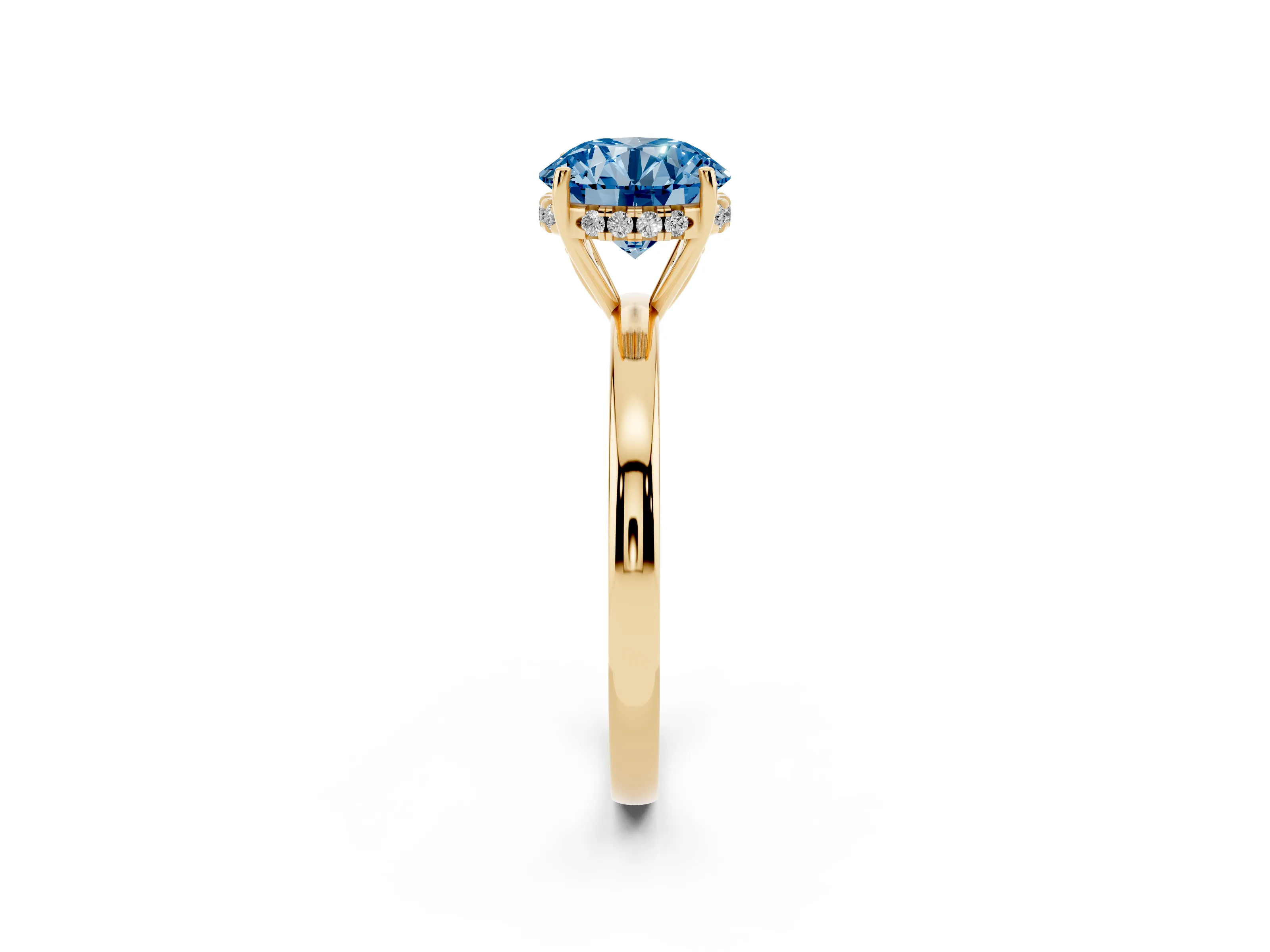 Fancy Blue Round Cut Diamond Solitaire Ring Set in Yellow gold with Plain Band and Prong Setting