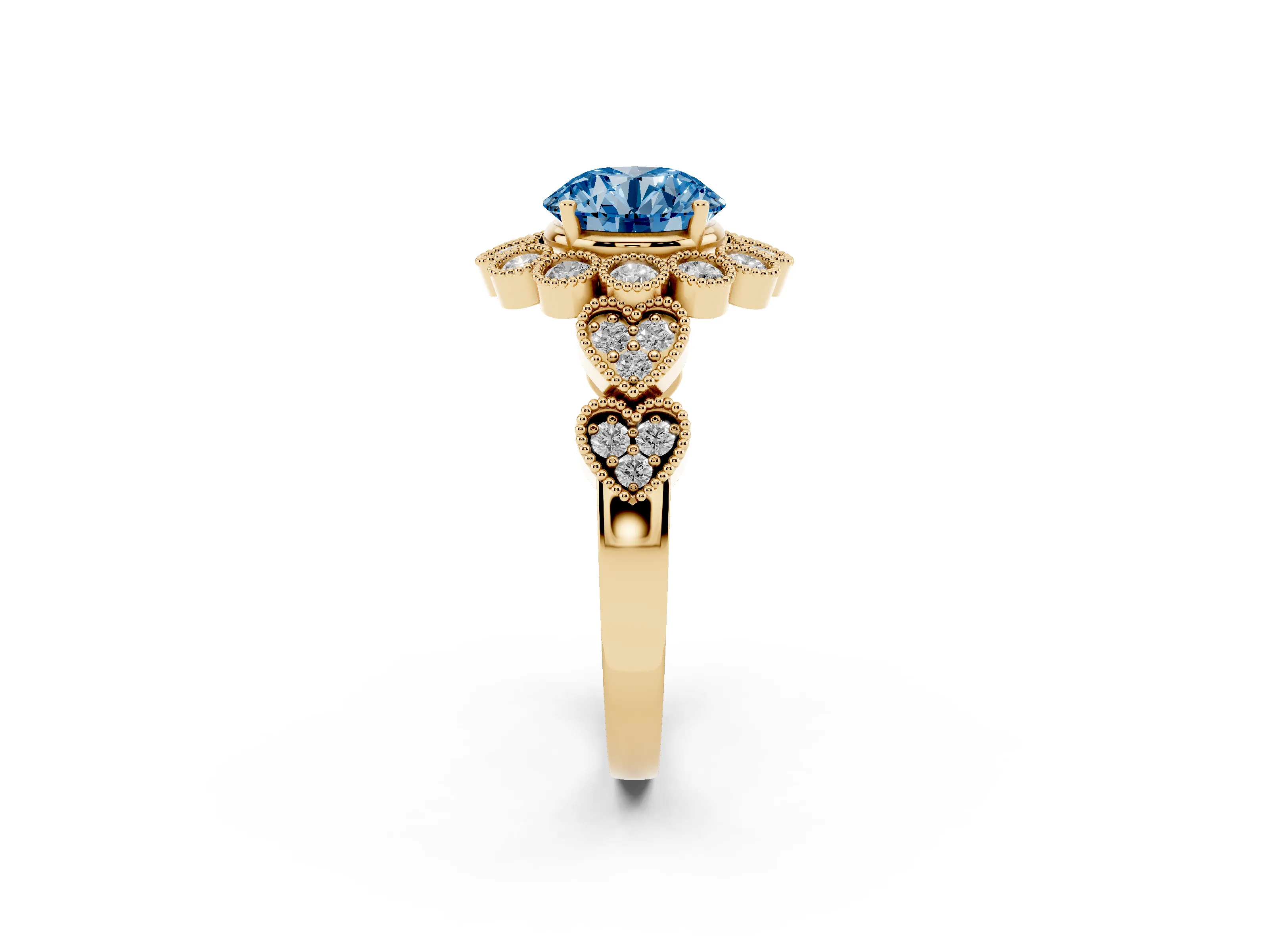 Fancy Blue Round Cut Diamond Solitaire Ring Set in Yellow gold with Milgrain Pavé Heart Band