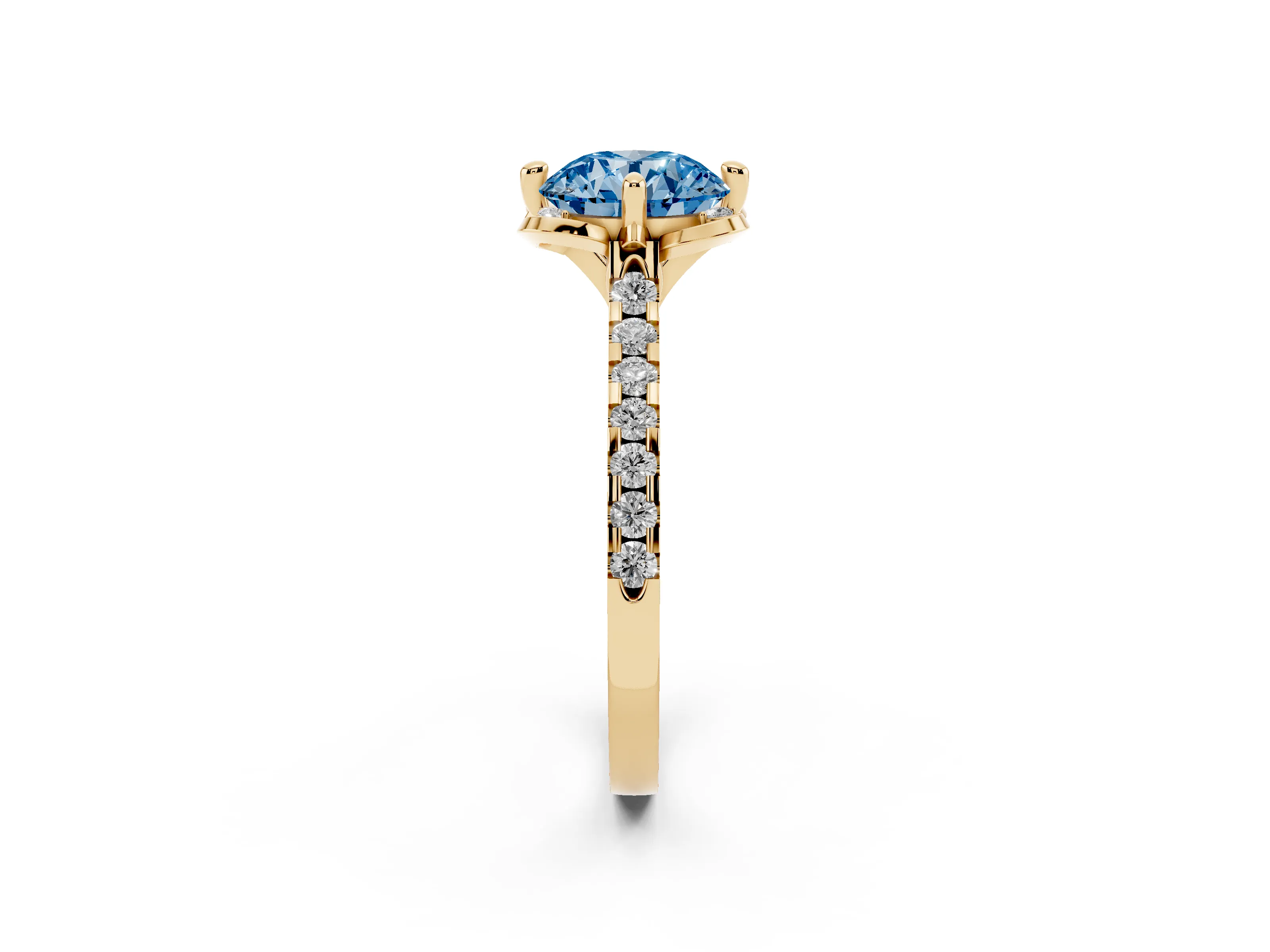 Fancy Blue Round Cut Diamond Solitaire Ring Set in Yellow gold with Pavé Band and Floral Prong Setting